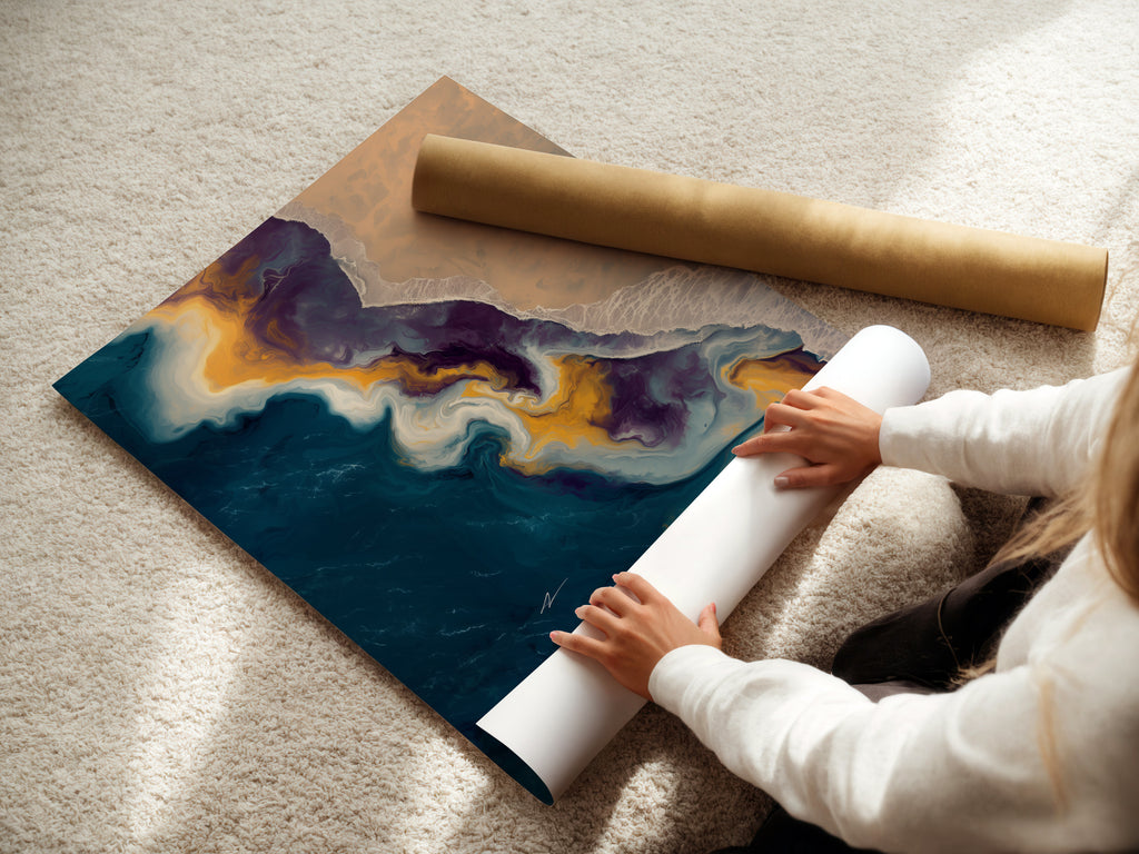 A woman carefully rolls a fine art poster paper. High-quality paper ensures vibrant colors. Perfect for detailed reproductions of art. Preserve your artwork with premium materials. Discover fine art paper options for your prints. Order your art prints today.