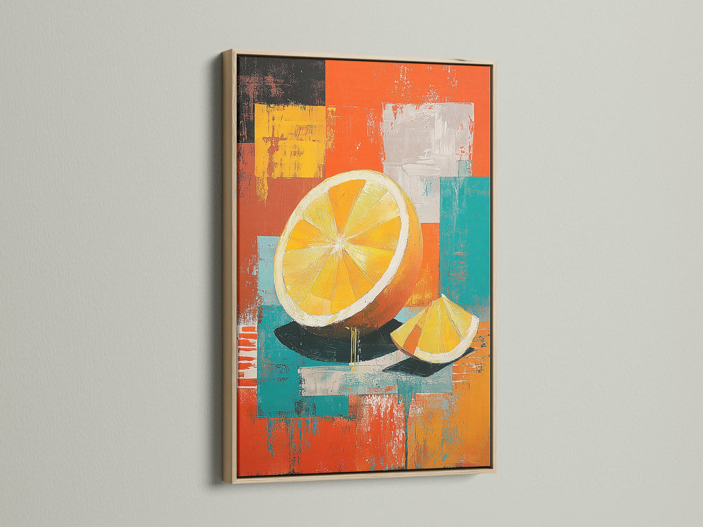 View this colorful fruit artwork framed in oak. The light oak frame provides a natural and understated border. It allows the art to stand out. Enhance your living space with framed art in oak. This finish offers a classic appeal.