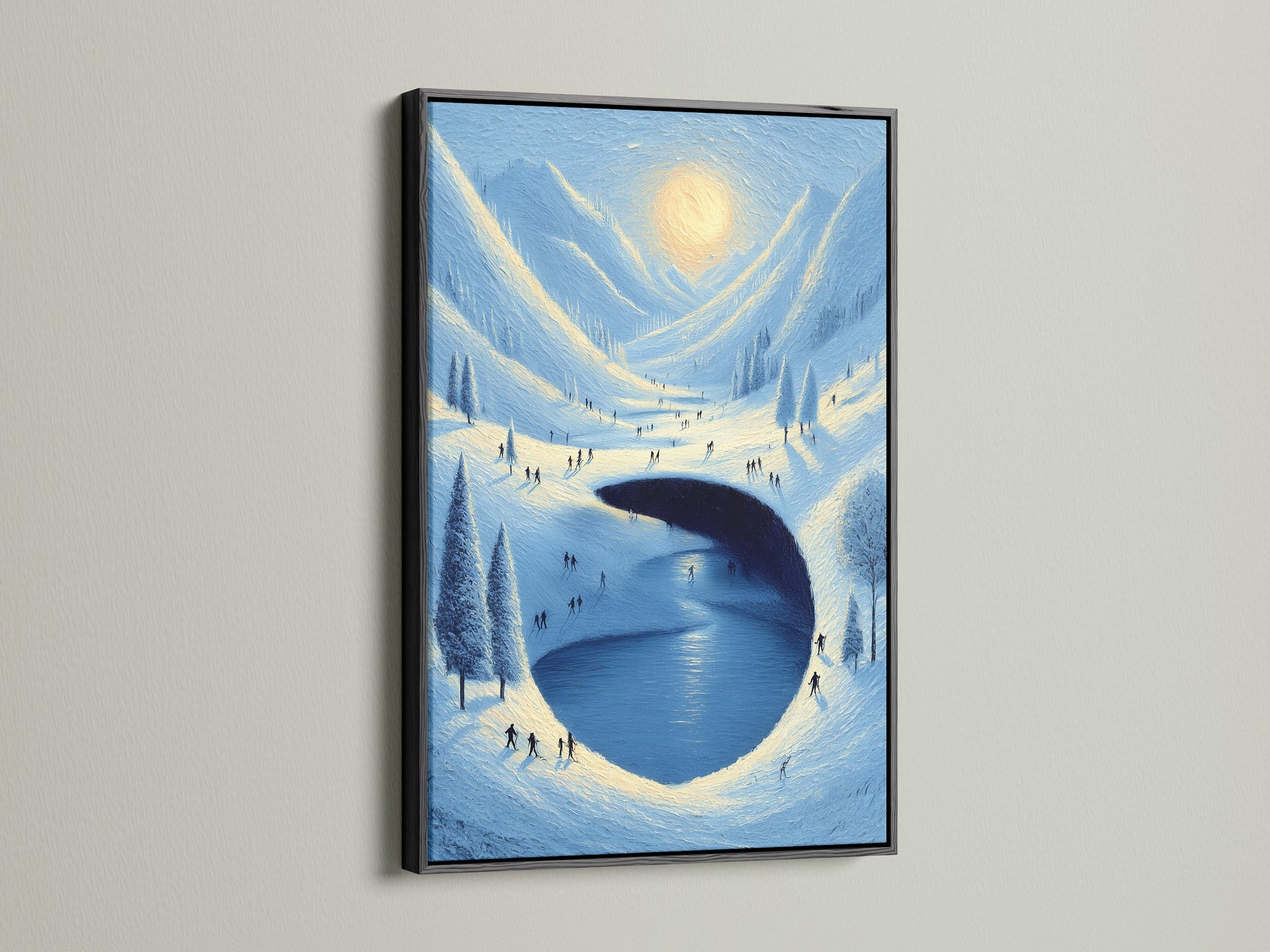 A striking black frame enhances this mountain wall art. The winter landscape is perfect for adding a touch of lodge style. The artwork depicts a snowy mountain lake. This is ideal for bedroom wall decor.