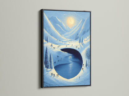 A striking black frame enhances this mountain wall art. The winter landscape is perfect for adding a touch of lodge style. The artwork depicts a snowy mountain lake. This is ideal for bedroom wall decor.