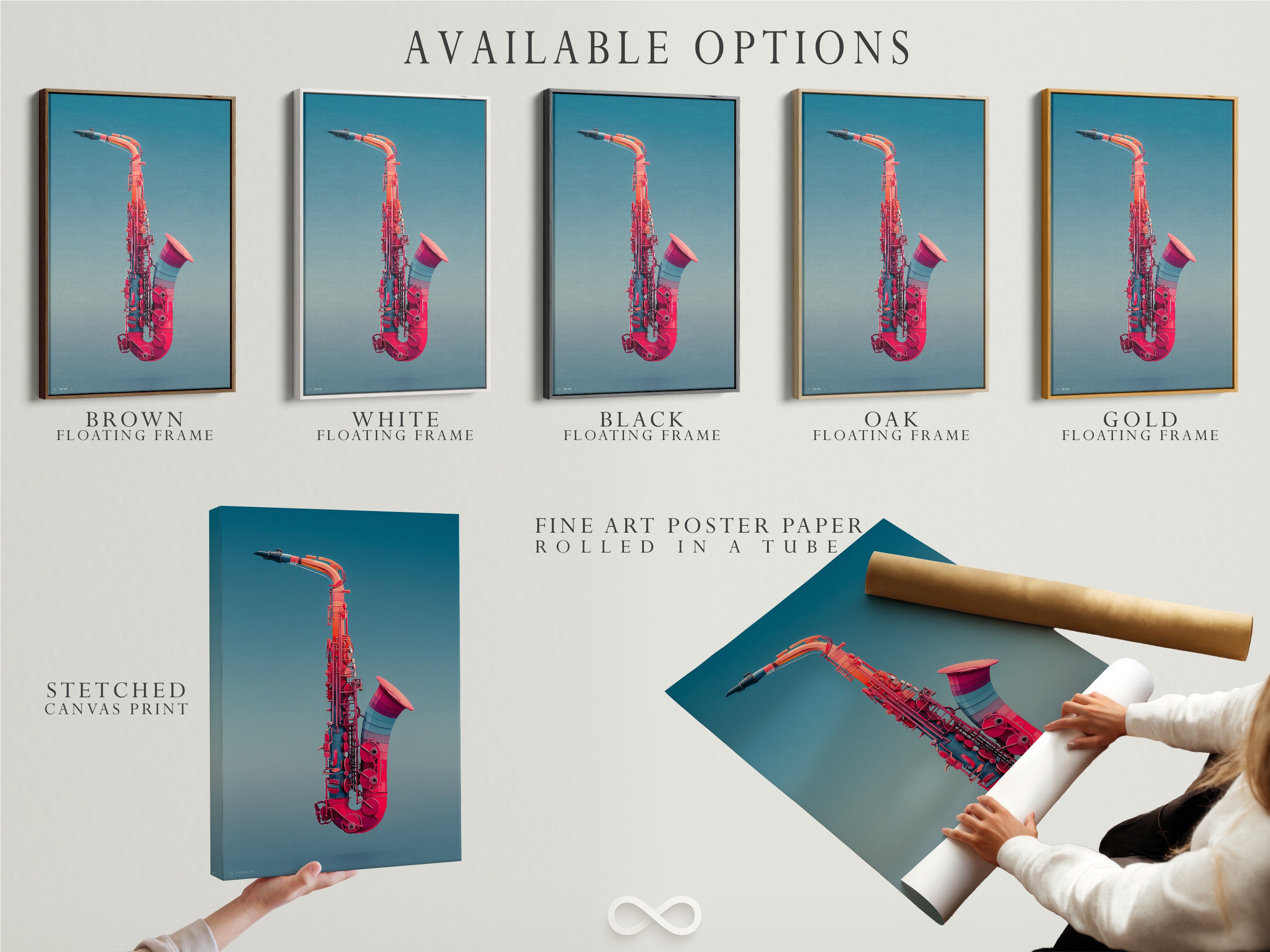 Available options. Stretched canvas print. Fine art poster paper. Floating frame. Choose your preferred style for the pink saxophone artwork. Customize your Jazz wall art. Find the perfect modern instrument print for your space.