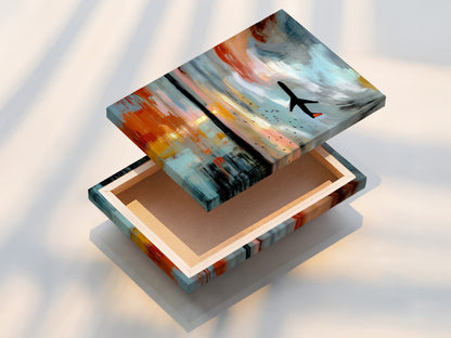A stretched canvas print of modern airplane art. This abstract aviation wall art features a beautiful sunset reflection. Ready to hang for your convenience. Perfect for adding a touch of modern art to your living room wall art collection.