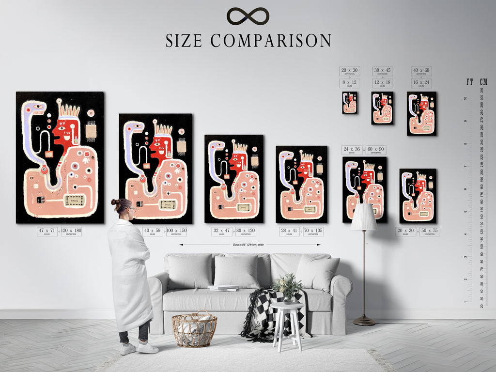 A size comparison chart is displayed in an interior setting. This helps you visualize the different sizes of the abstract monster art prints. It is ideal for planning your wall art arrangement. The modern canvas art will elevate your space.