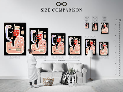 A size comparison chart is displayed in an interior setting. This helps you visualize the different sizes of the abstract monster art prints. It is ideal for planning your wall art arrangement. The modern canvas art will elevate your space.