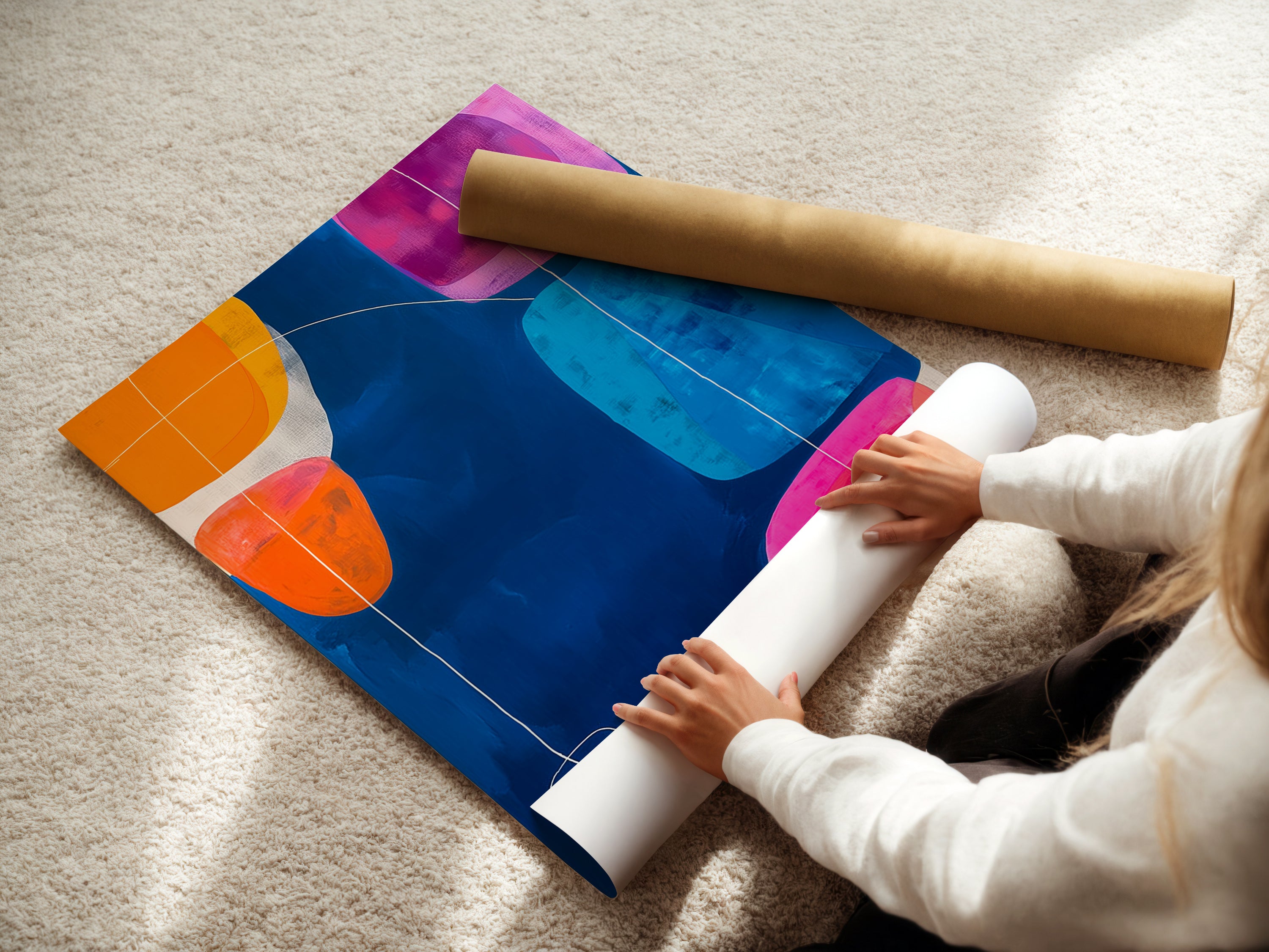 A woman is carefully unrolling a fine art poster paper. The high-quality paper is perfect for printing abstract geometric artwork and modern art prints. Ideal for creating stunning wall art for your home or office. Get your art printed on premium fine art poster paper