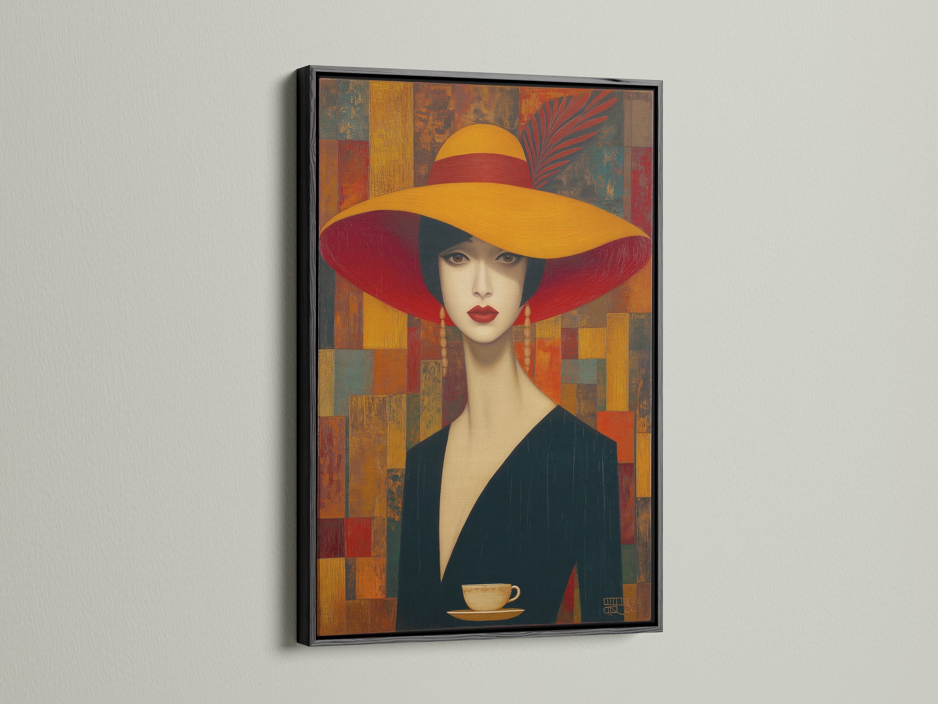 Vintage Woman Portrait Art with an Art Deco Canvas Print is displayed within a black frame. The elegant lady wall art enhances dining room decor. A black frame provides a bold contemporary look.