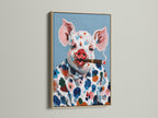 A charming pig art canvas print is showcased in an oak frame. The artwork features a colorful farm animal smoking a cigar. This whimsical piece adds character to any space. Ideal for kitchen wall art or a quirky home decor accent. It captures a unique blend of country and farmhouse style.