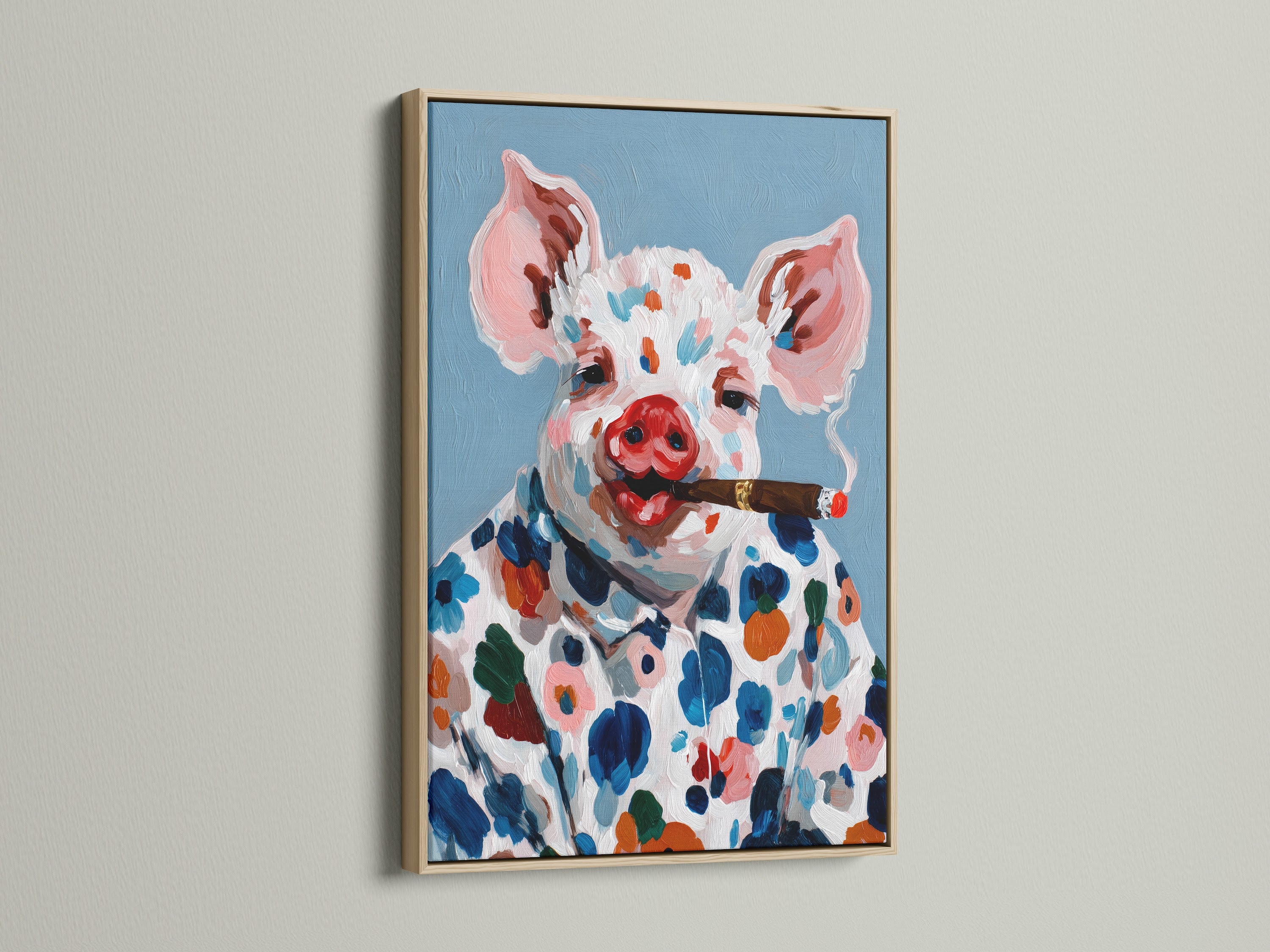 A charming pig art canvas print is showcased in an oak frame. The artwork features a colorful farm animal smoking a cigar. This whimsical piece adds character to any space. Ideal for kitchen wall art or a quirky home decor accent. It captures a unique blend of country and farmhouse style.