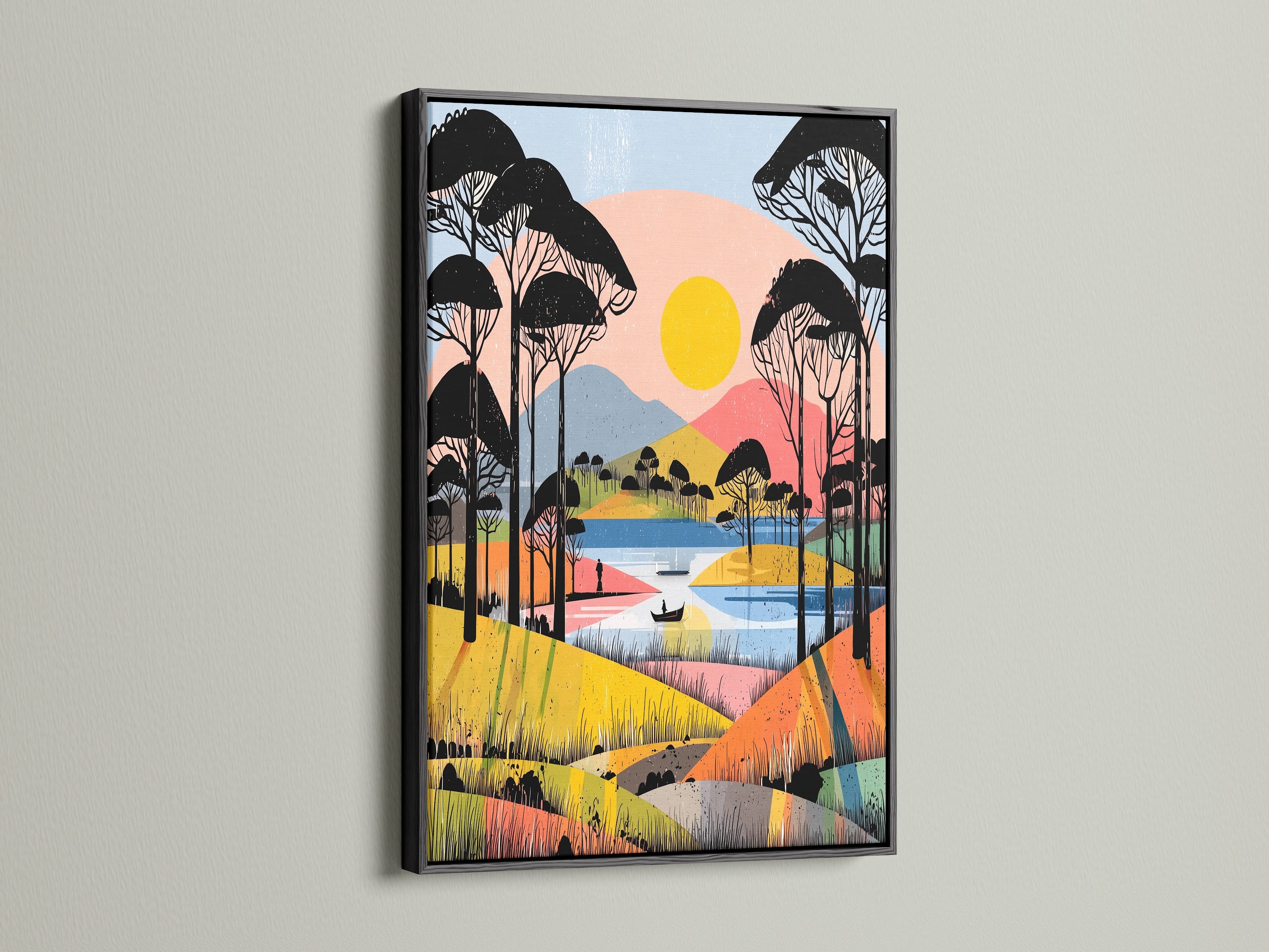 The square landscape canvas print features a sleek black frame. The abstract artwork shows a lake scene with vibrant geometric shapes. This colorful print adds a modern touch to any room. The black frame enhances the artwork's bold design.