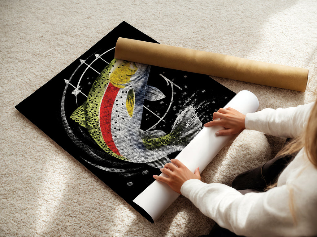 A woman is carefully rolling a fine art poster paper. The paper captures the intricate details of the trout artwork. Ideal for preserving the quality of the fish wall art. Perfect for framing and displaying in any space. Great for angler gifts.