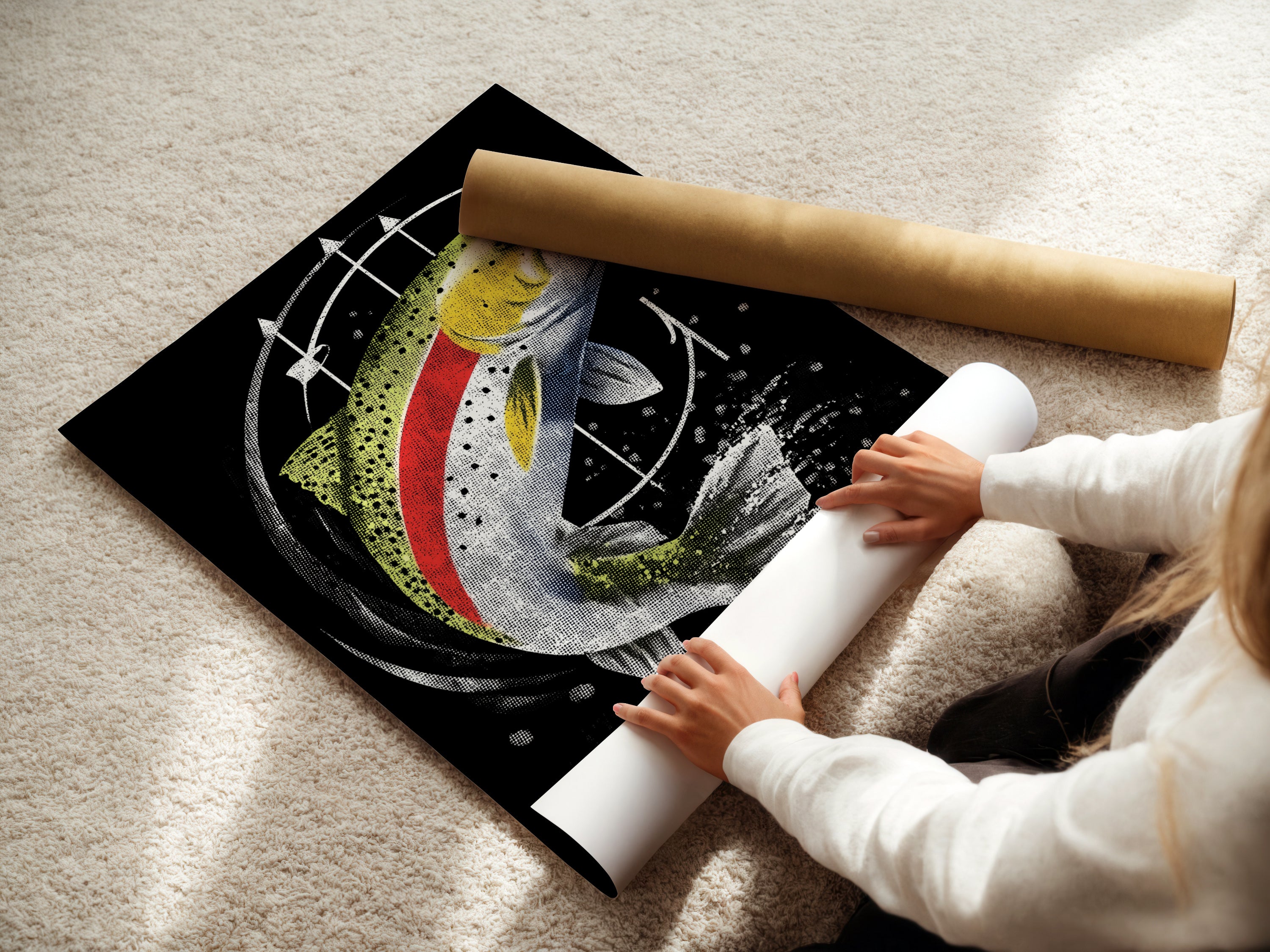 A woman is carefully rolling a fine art poster paper. The paper captures the intricate details of the trout artwork. Ideal for preserving the quality of the fish wall art. Perfect for framing and displaying in any space. Great for angler gifts.