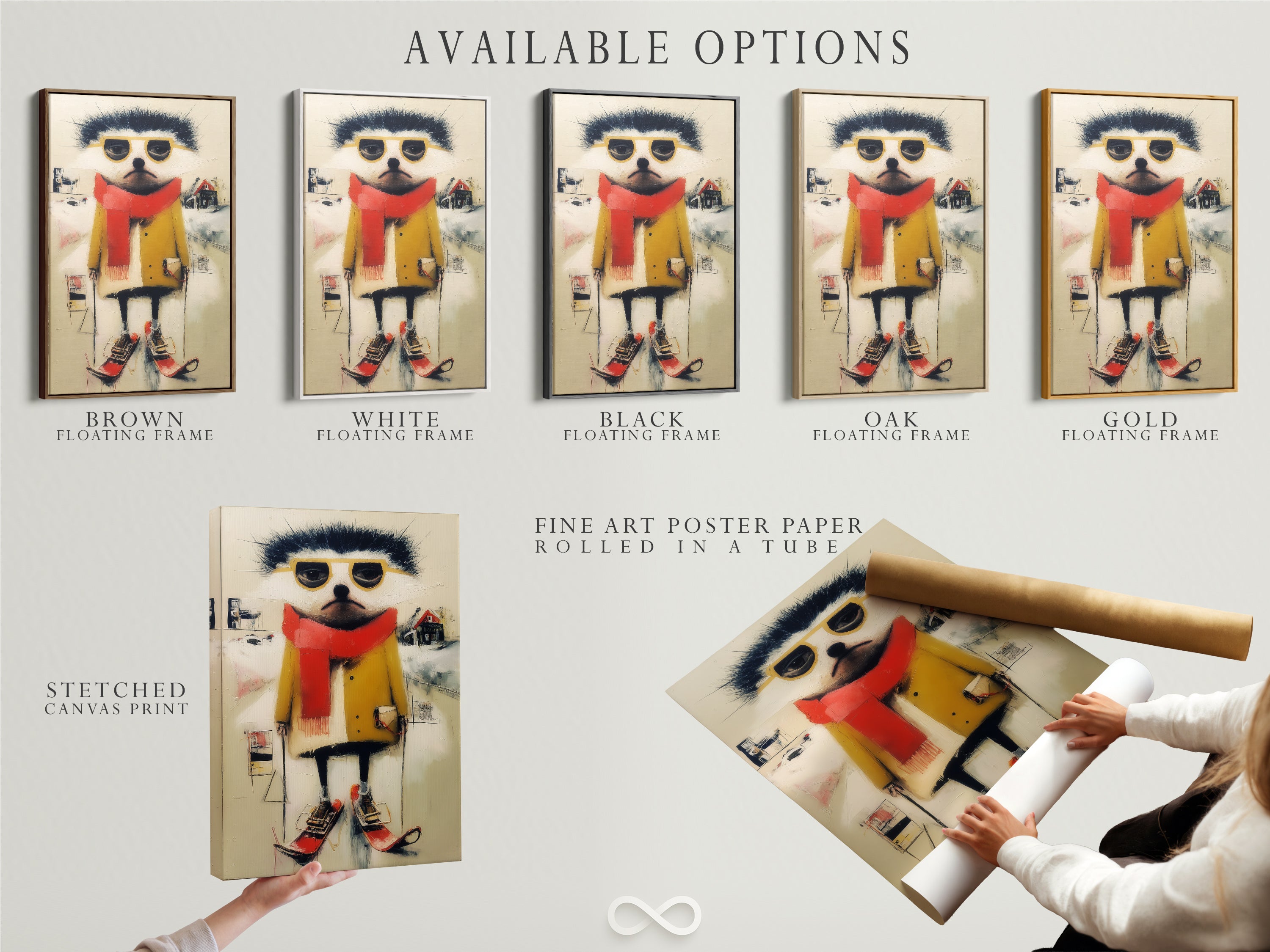 Available options for the quirky ski animal artwork. Choose from a stretched canvas print fine art poster or floating frame. Perfect for any space. Add a whimsical touch to your kids' room or cafe today