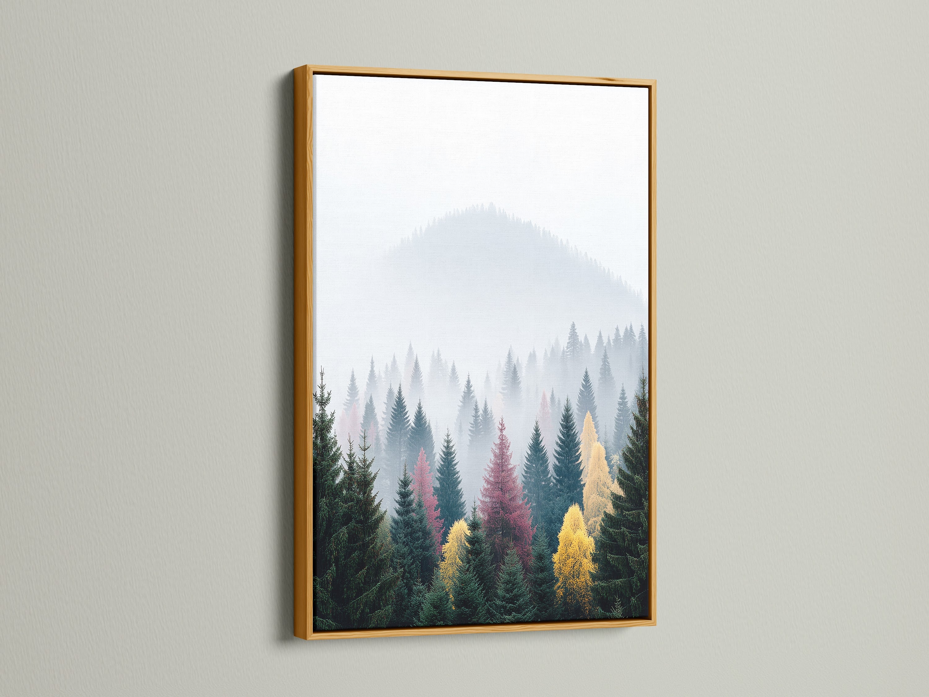 A gold frame highlights this mountain forest canvas print. The nature photography captures misty mountains. Evergreen trees add a touch of wilderness. Perfect for modern wall decor. Ideal for cabins and boardrooms. This landscape artwork is stunning.