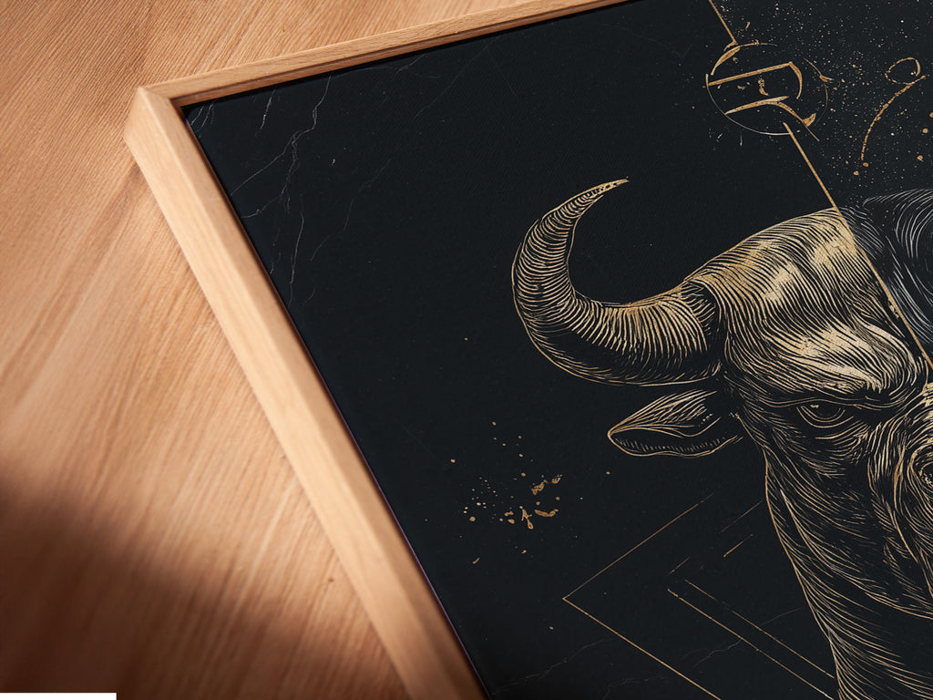 Get a close-up view of the Bull Justice artwork. The canvas print is beautifully displayed in a floating frame. This adds a unique touch to the scales of justice artwork. Perfect for any legal or home office.