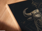 Get a close-up view of the Bull Justice artwork. The canvas print is beautifully displayed in a floating frame. This adds a unique touch to the scales of justice artwork. Perfect for any legal or home office.