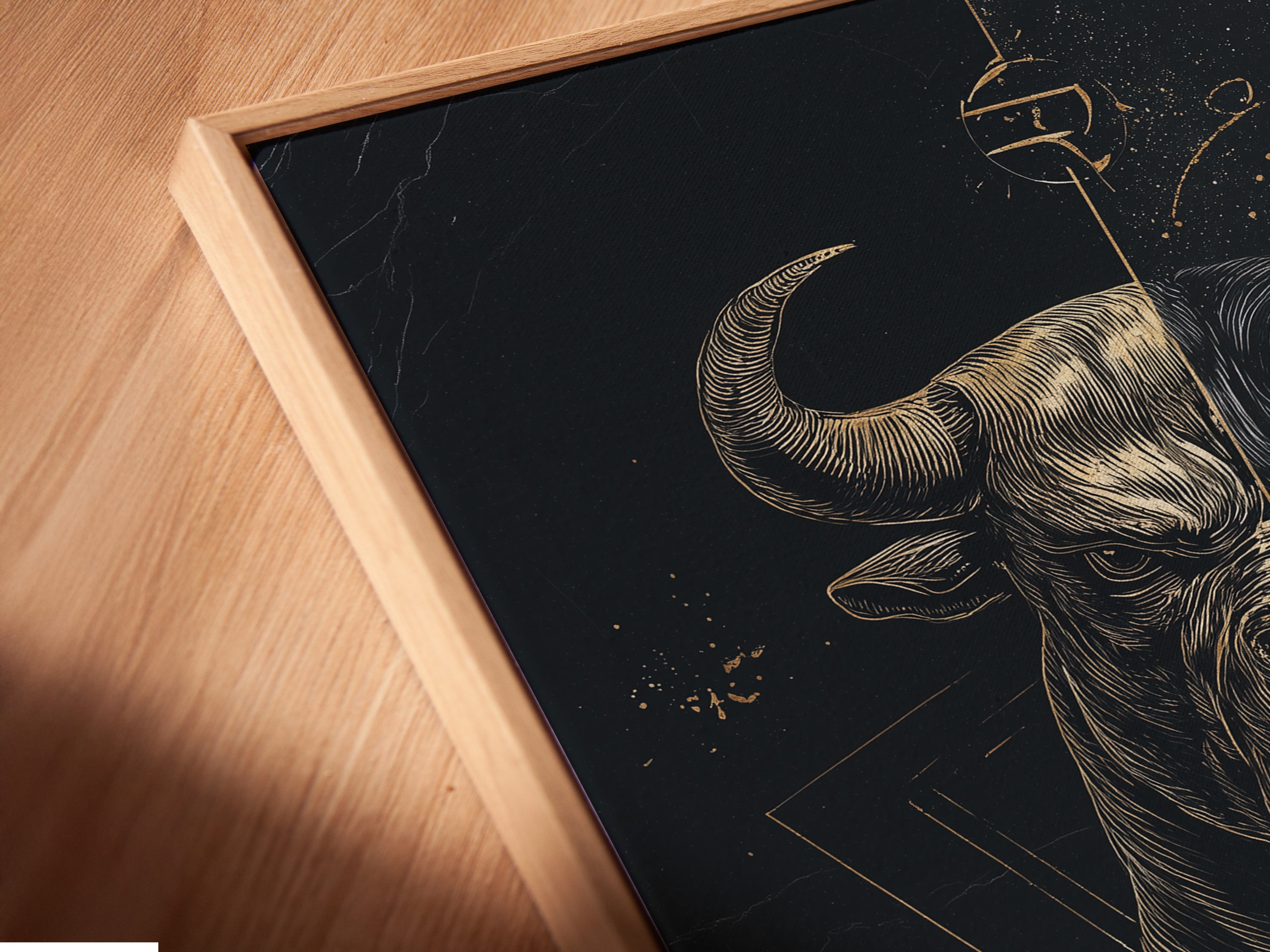 Get a close-up view of the Bull Justice artwork. The canvas print is beautifully displayed in a floating frame. This adds a unique touch to the scales of justice artwork. Perfect for any legal or home office.