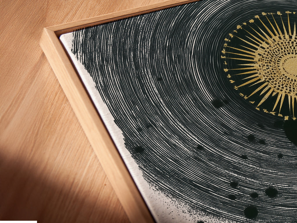 Angled close-up showcases a canvas print in a floating frame. The floating frame gives a modern gallery feel to abstract sun art. This framing style enhances celestial wall art and boho canvas prints. Discover unique ways to display your artwork.