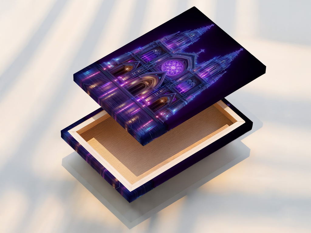 See the vibrant details of this stretched canvas print. The gothic cathedral art comes to life. This cyberpunk decor is ready to hang and enjoy. Perfect for gamers and tech enthusiasts. Enhance your office wall art now.