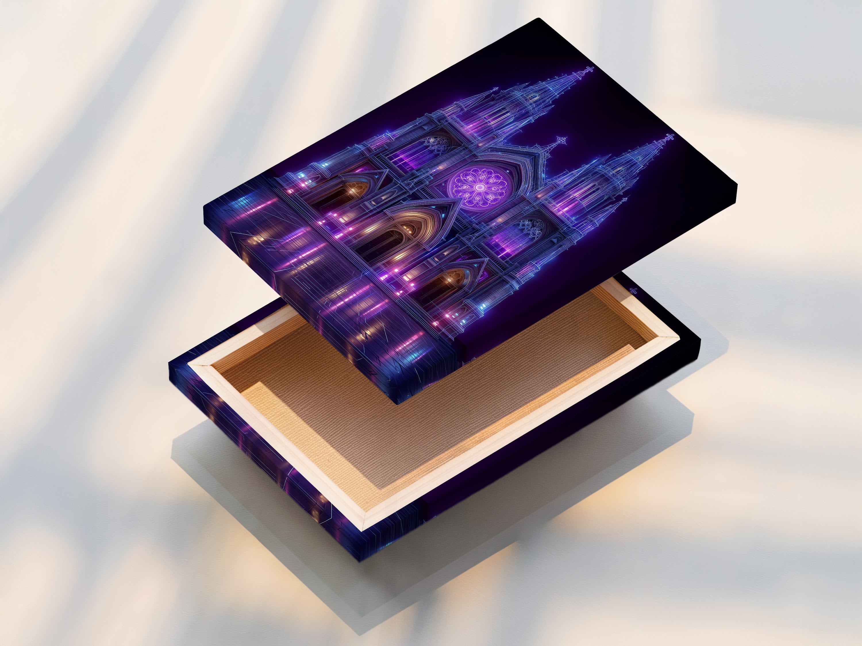 See the vibrant details of this stretched canvas print. The gothic cathedral art comes to life. This cyberpunk decor is ready to hang and enjoy. Perfect for gamers and tech enthusiasts. Enhance your office wall art now.