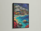 Modern coastal cityscape artwork with a turquoise ocean view is framed in black. This piece of Futuristic Architecture art adds sophistication to any wall. Perfect for creating a contemporary focal point. It enhances the aesthetic of offices and luxury suites alike.