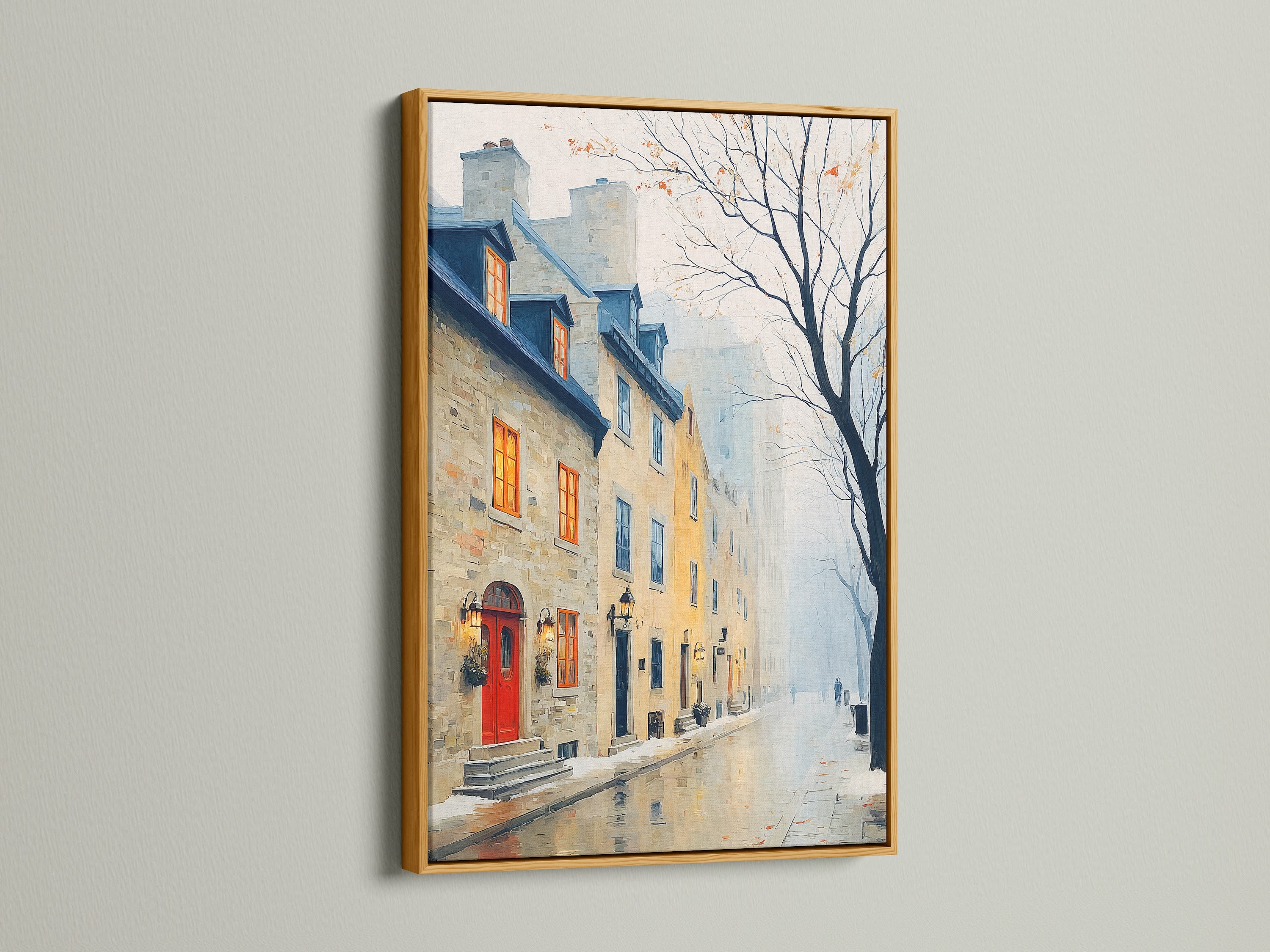 Gold frame showcases a vintage European cityscape artwork. This print captures a foggy street scene with classic buildings. The ornate frame elevates study room decor or elegant living room art. Add antique style to your home with this urban landscape.