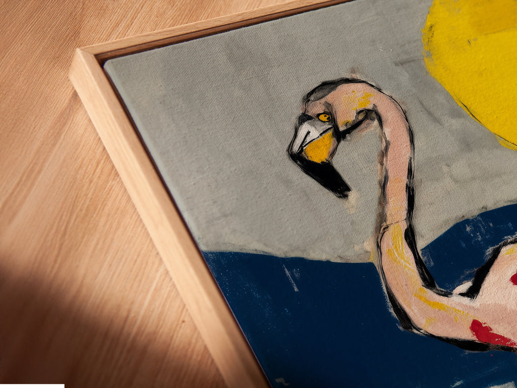 Get a closer look at our canvas print in a floating frame. This contemporary bird art floats elegantly on your wall. The fine art print enhances any modern space. Perfect for creating a sophisticated display.