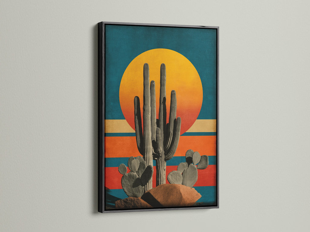 Add a bold touch with a black frame. The desert wall art creates a striking focal point. It is perfect for a modern or Southwestern-themed room. This retro artwork evokes a sense of vintage charm. Shop this unique piece today.