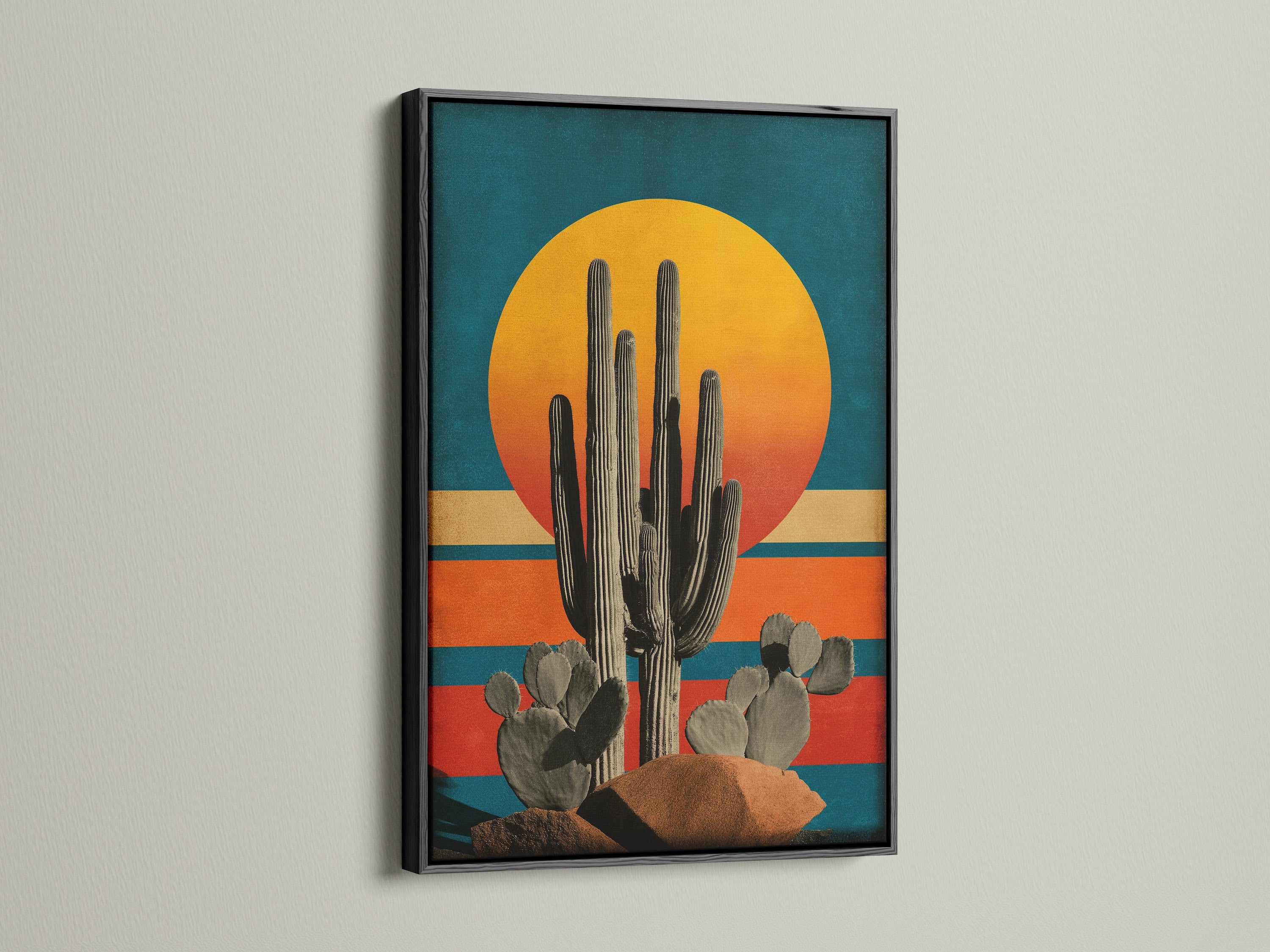 Add a bold touch with a black frame. The desert wall art creates a striking focal point. It is perfect for a modern or Southwestern-themed room. This retro artwork evokes a sense of vintage charm. Shop this unique piece today.