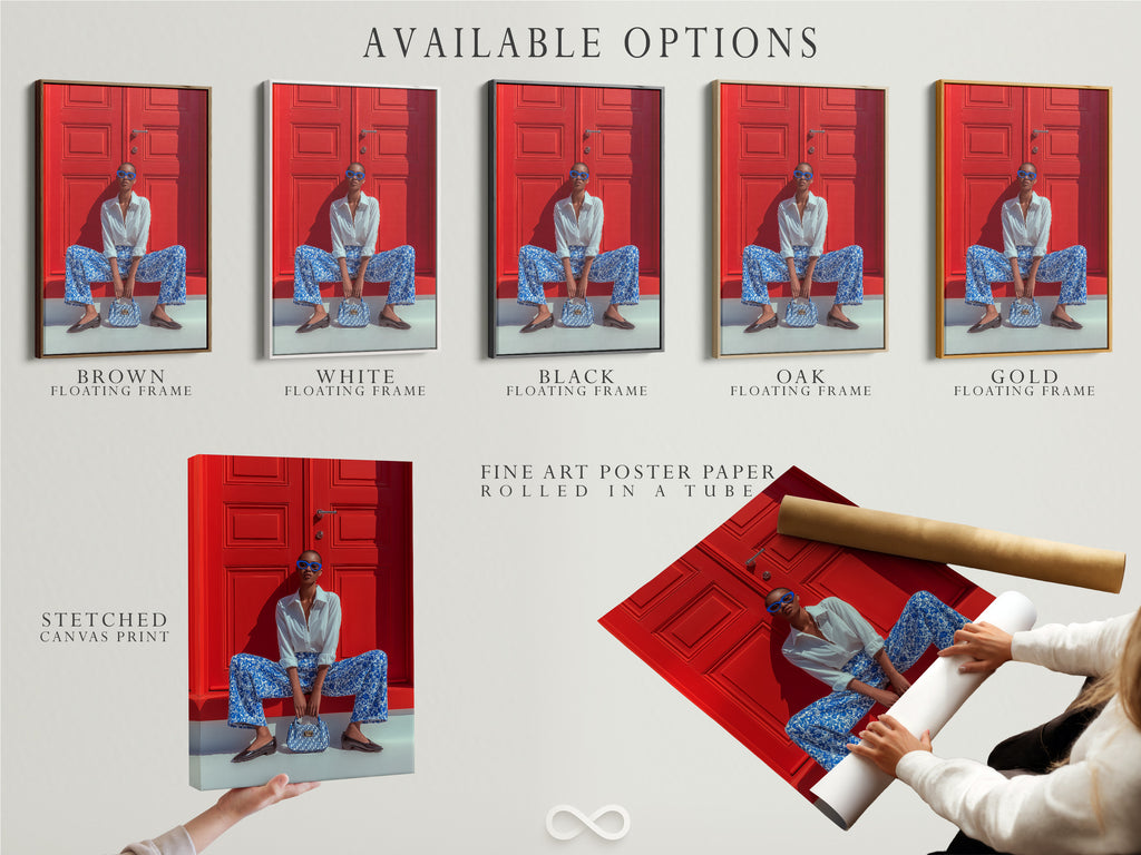 Fashion Photography Print - Blue Pattern Outfit Red Door Portrait, Modern Wall Art, Contemporary Home Decor, Style Statement