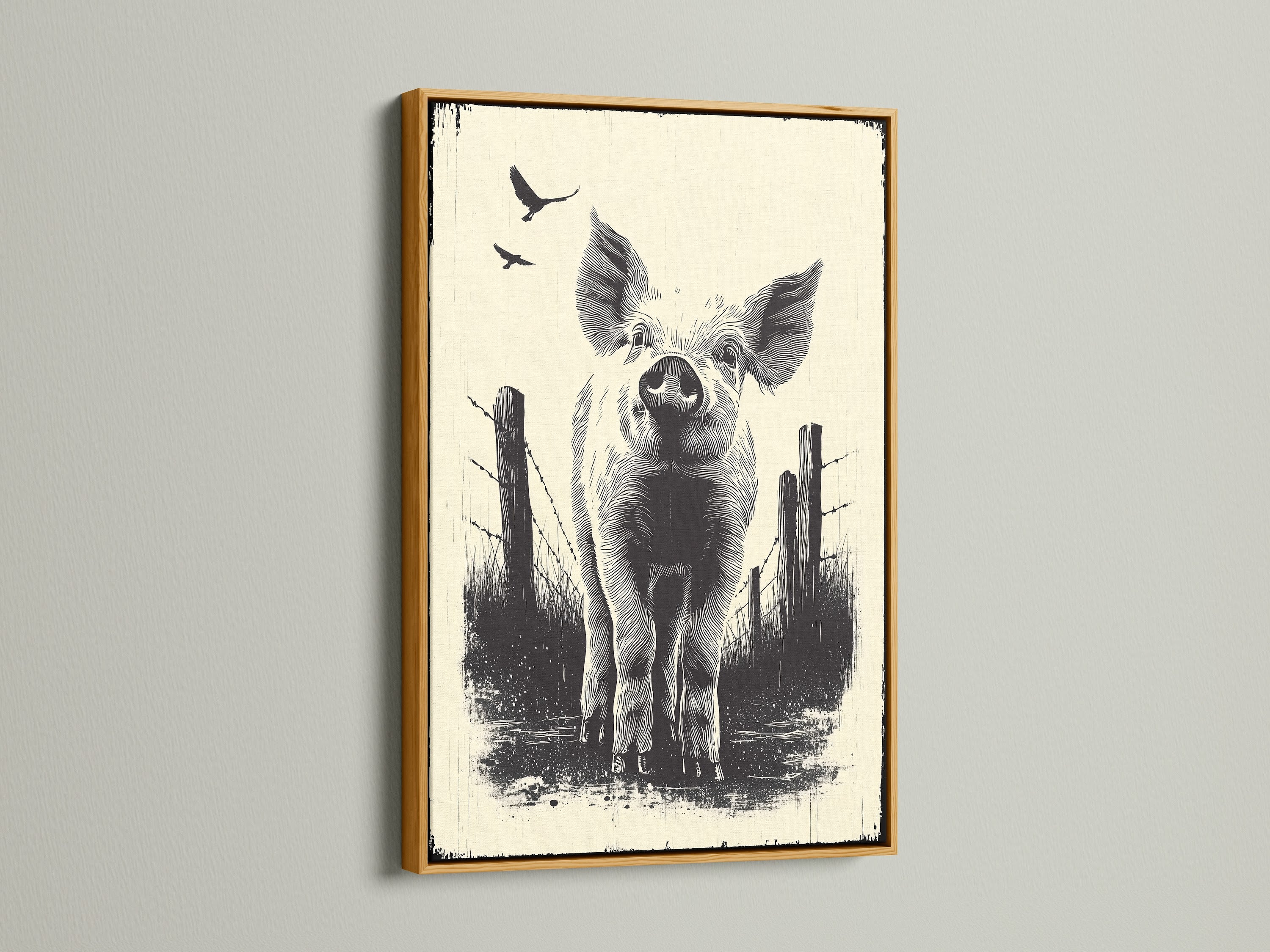 Gold frame showcasing pig canvas print. This farmhouse animal wall art adds rustic charm to any kitchen decor. A perfect gift for farm animal lovers. Explore our range of rustic artwork.
