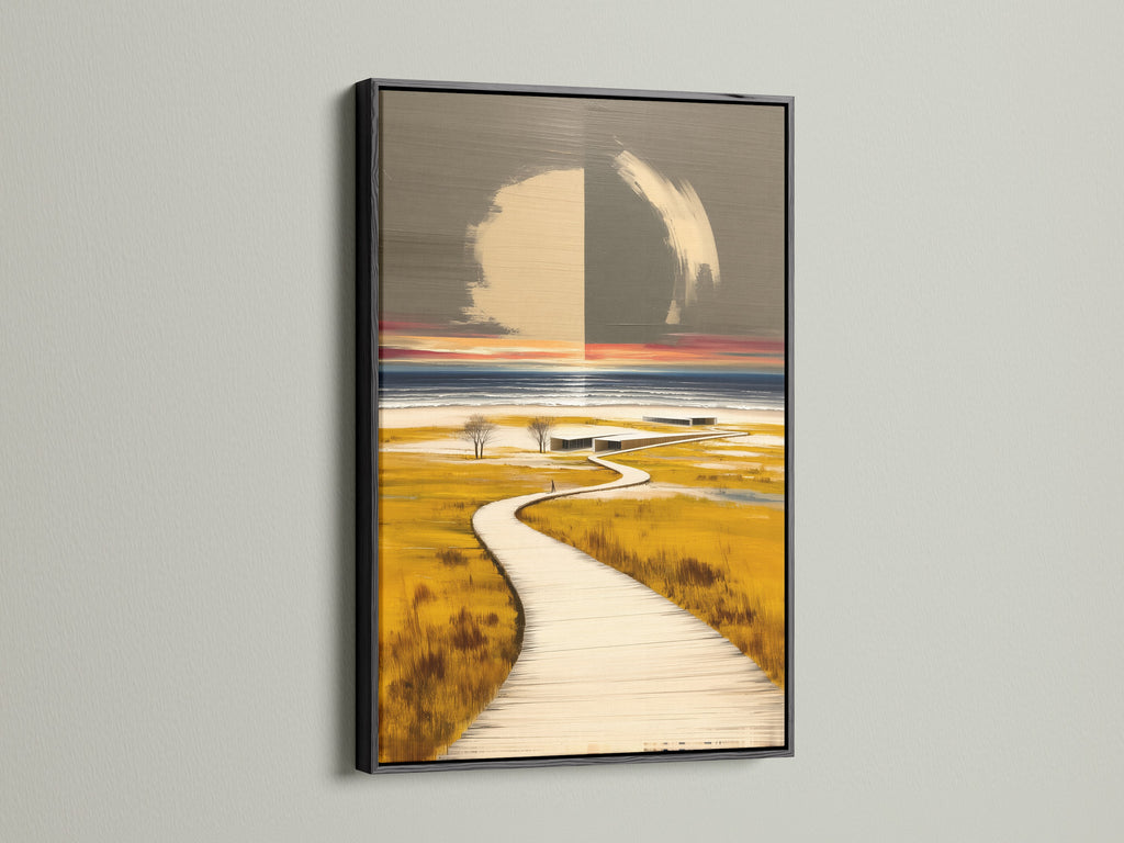 Modern nature painting presented in a sleek black frame. The coastal artwork features a wooden boardwalk wall art. Perfect for adding a sophisticated touch to office wall art or waiting rooms. The black frame provides a striking contrast to the beige and gray tones.