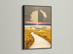 Modern nature painting presented in a sleek black frame. The coastal artwork features a wooden boardwalk wall art. Perfect for adding a sophisticated touch to office wall art or waiting rooms. The black frame provides a striking contrast to the beige and gray tones.