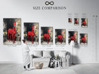 A size comparison chart is displayed in an interior setting. Helping you visualize the perfect scale for your artwork. See how the red horse print fits into different spaces. Choose the ideal size for your equestrian wall art.