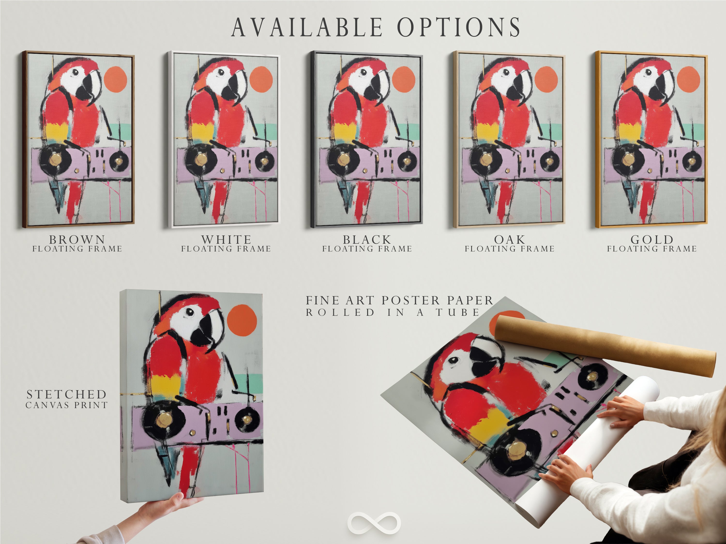 Available options include a stretched canvas print fine art poster paper and floating frame. Select the perfect format for your modern parrot artwork. Each option enhances the vibrant colors and contemporary style. Customize your artwork to match your personal taste and decor. Discover the possibilities today.