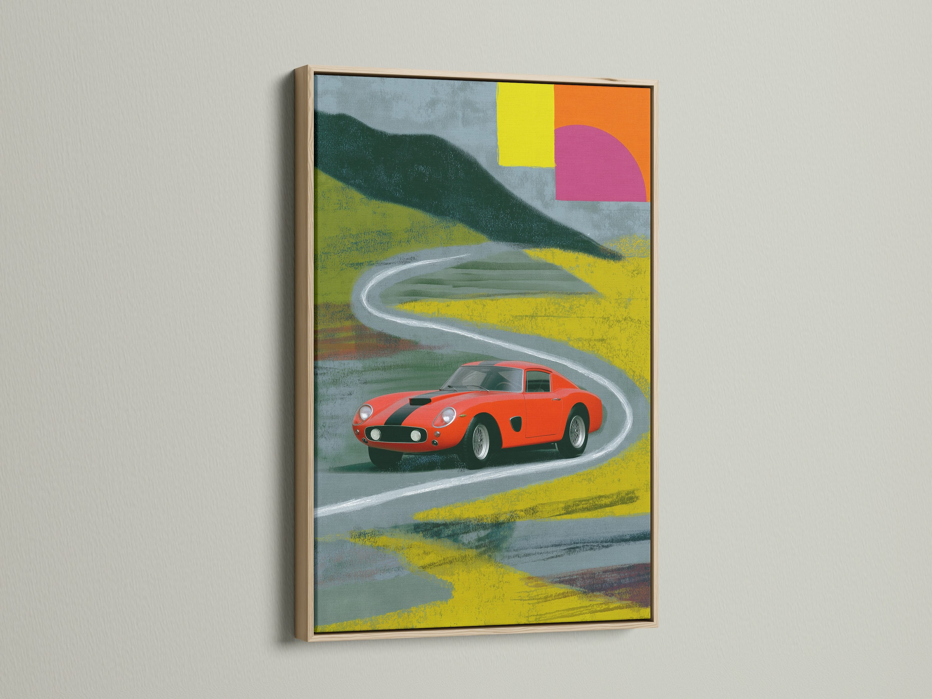 This artwork showcases a vintage Ferrari in an oak frame. The red sports car is set against an abstract background. It would make a fine classic car print for home office art. Perfect for auto repair shops and car dealerships.