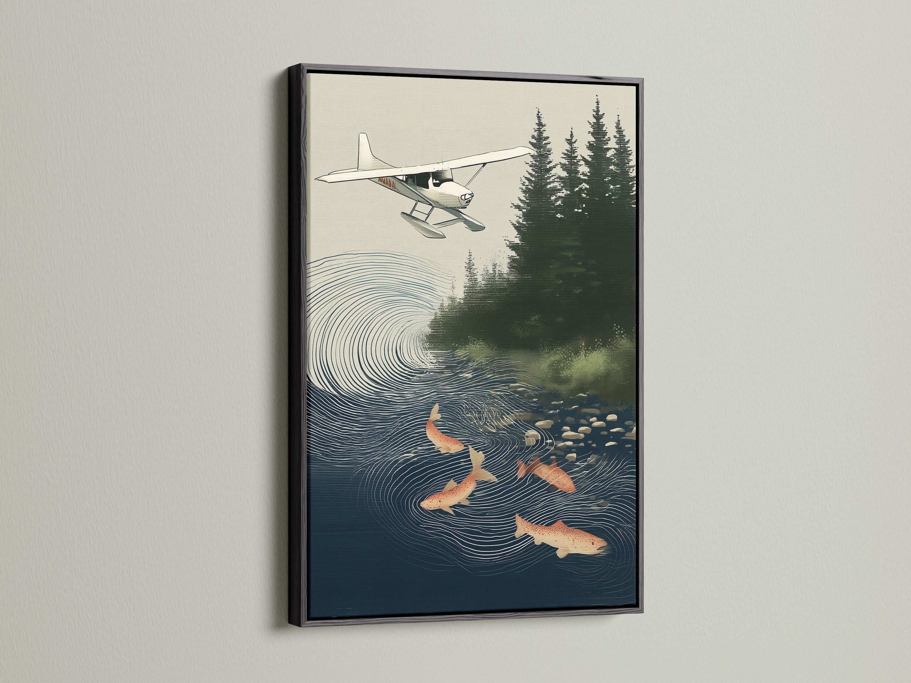 Black frame showcasing the Seaplane & Salmon artwork. The vintage-style art is perfect for cabin decor. This rustic wall decor enhances any space. The fishing wall art brings a touch of nature indoors. This salmon print is a perfect gift.