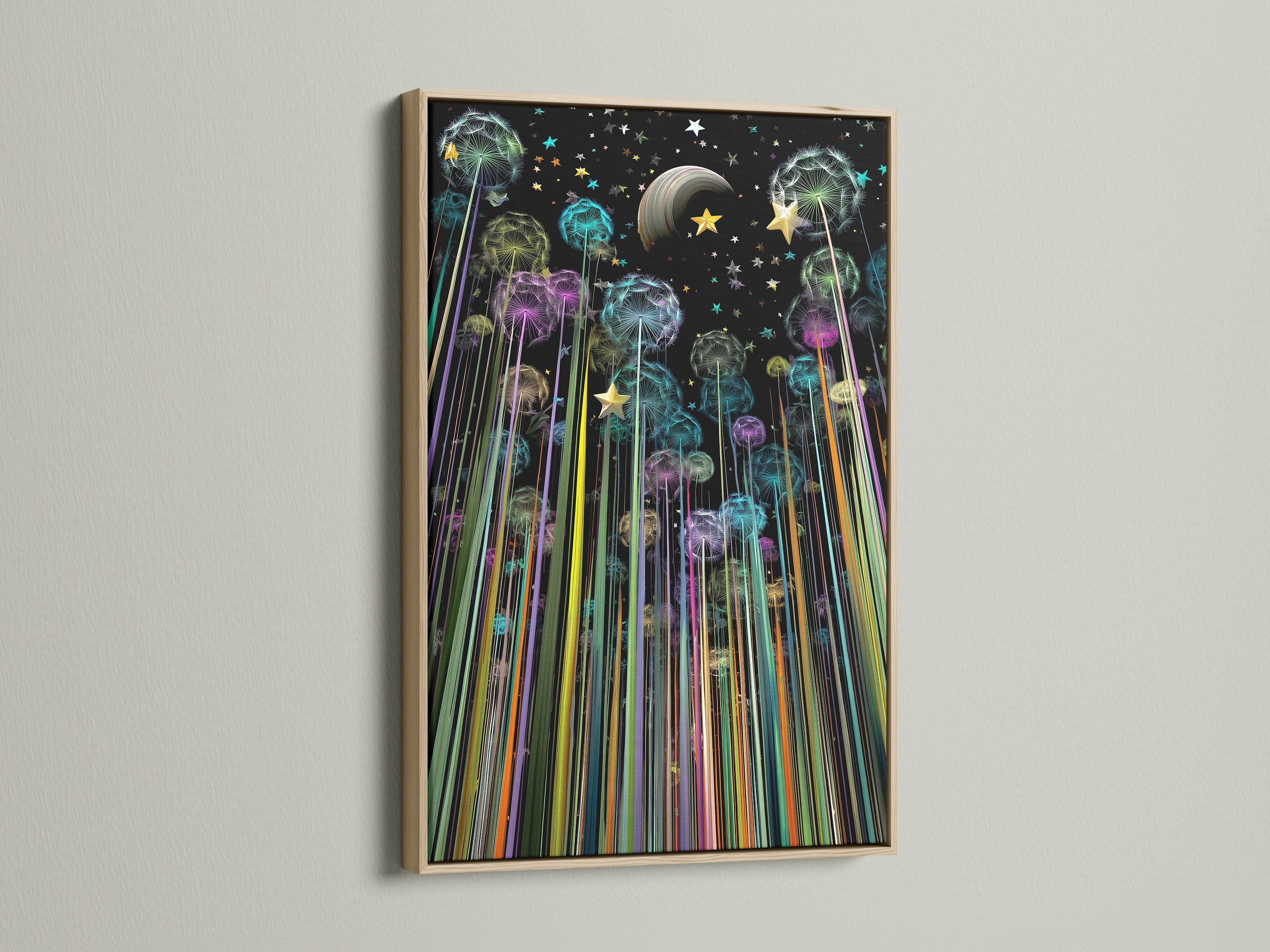 A close-up showcases the oak frame enhancing the Dandelion Galaxy Canvas Print. The celestial art piece adds a modern touch. Perfect as colorful artwork for bedroom wall decor. The oak frame provides a natural aesthetic.