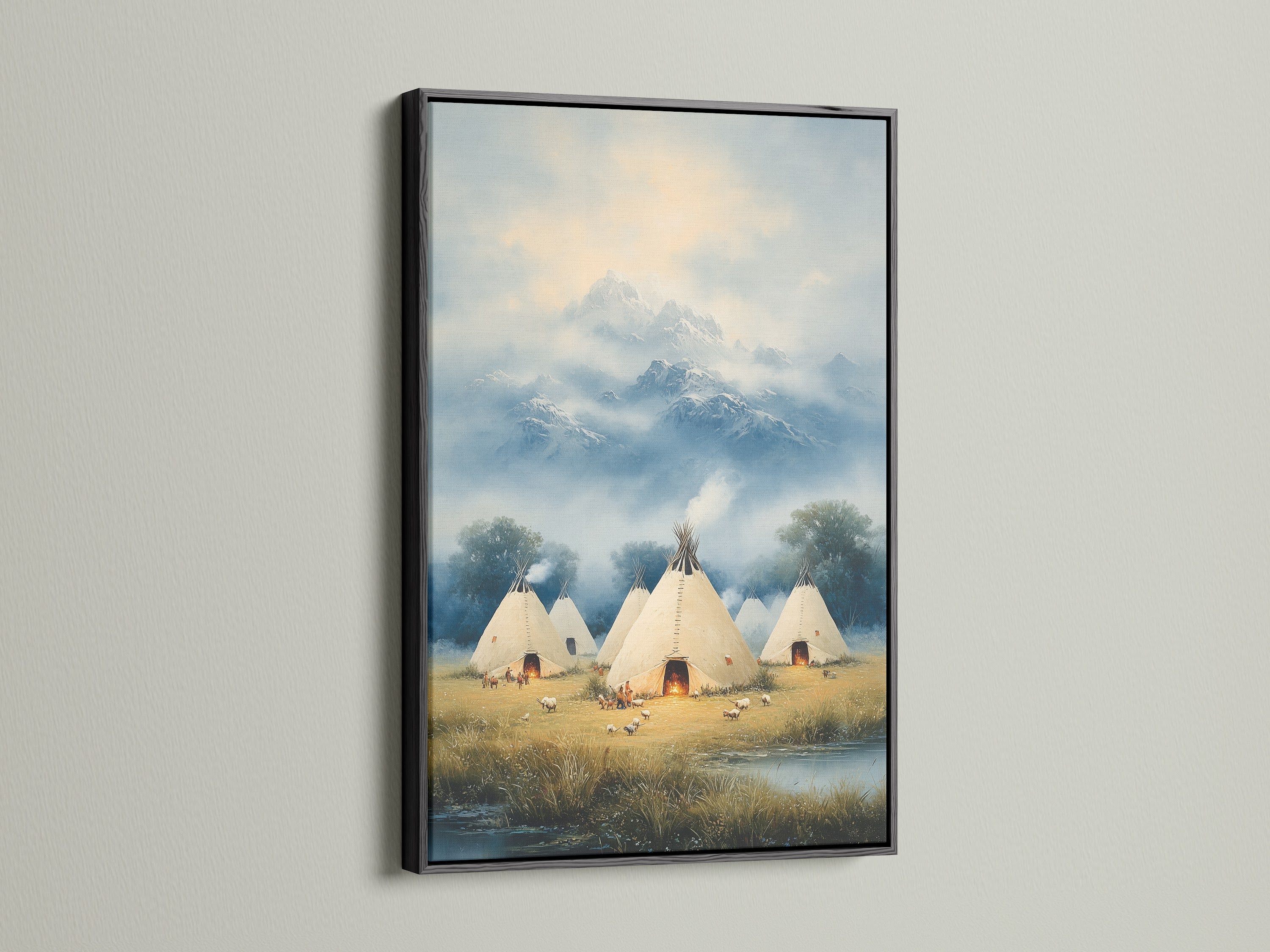 Native American Teepee Mountain Wall Art with a Black Frame. The black frame provides a bold contrast. This canvas print fits seamlessly into any cabin decor. The tipi print adds a tribal touch. This piece enhances any rustic wall decor setting. It is ideal for southwest art enthusiasts.