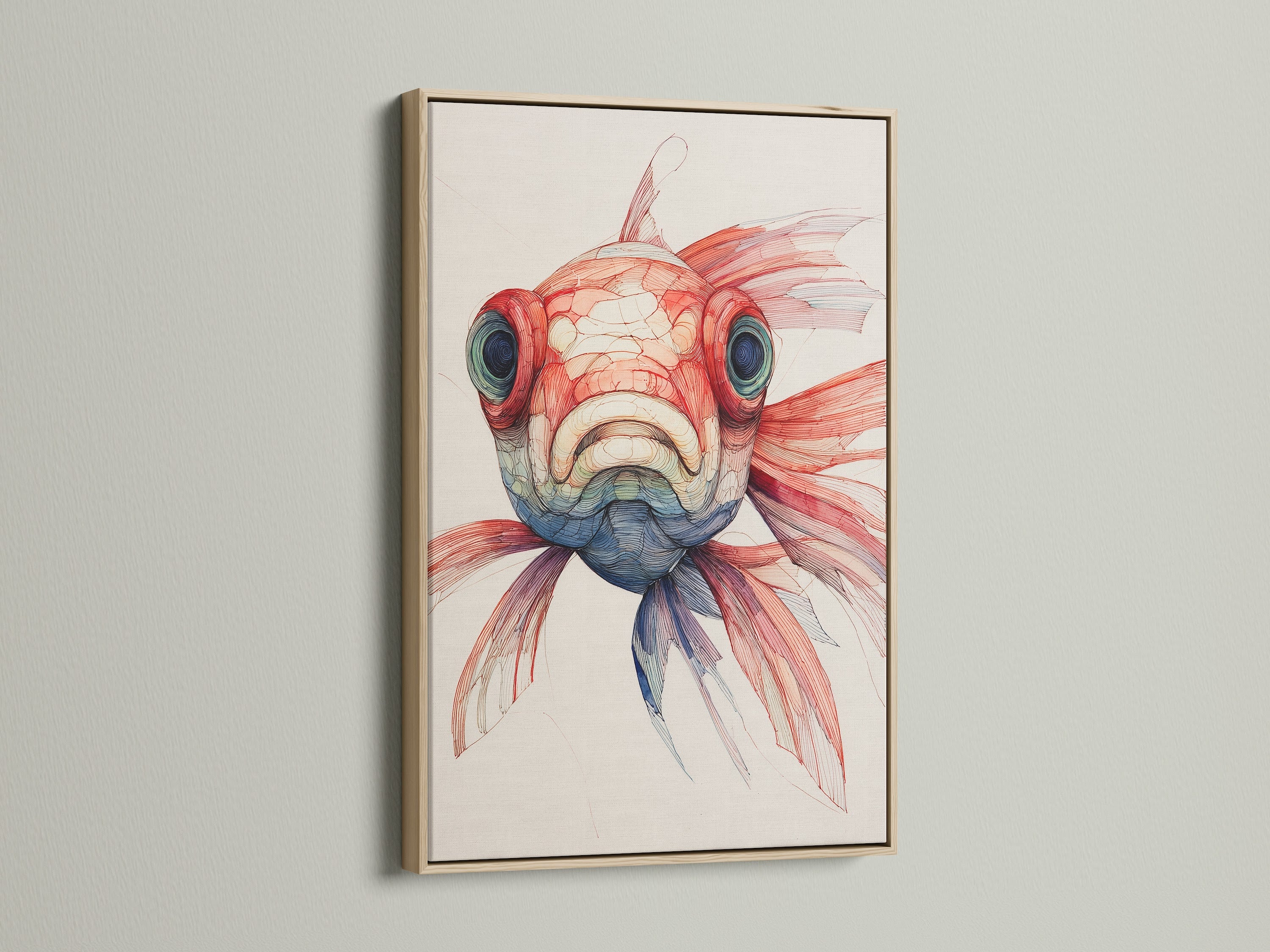 A striking fish artwork is presented in an oak frame. The natural wood grain complements the art. It adds warmth to any room. The oak frame enhances the artwork's beauty. It creates a sophisticated aesthetic for your home or office.