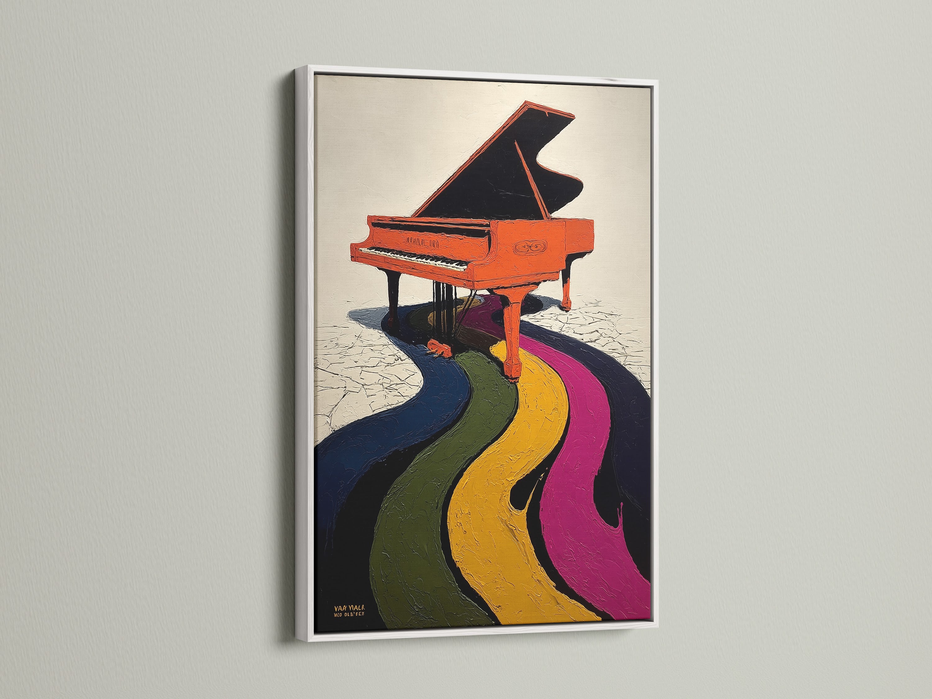 Grand piano artwork in a white frame. This rainbow music wall art will brighten any space. It is eclectic artwork suitable for a music room. A colorful and modern art print is great for studio wall decor. It is a great gift for piano players.