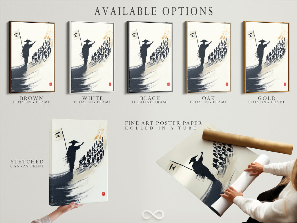 Available options are displayed for samurai artwork. Choose from a stretched canvas print. Consider fine art poster paper. A floating frame option is also available. Enhance your home with this Japanese inspired piece. It is a great asian print.