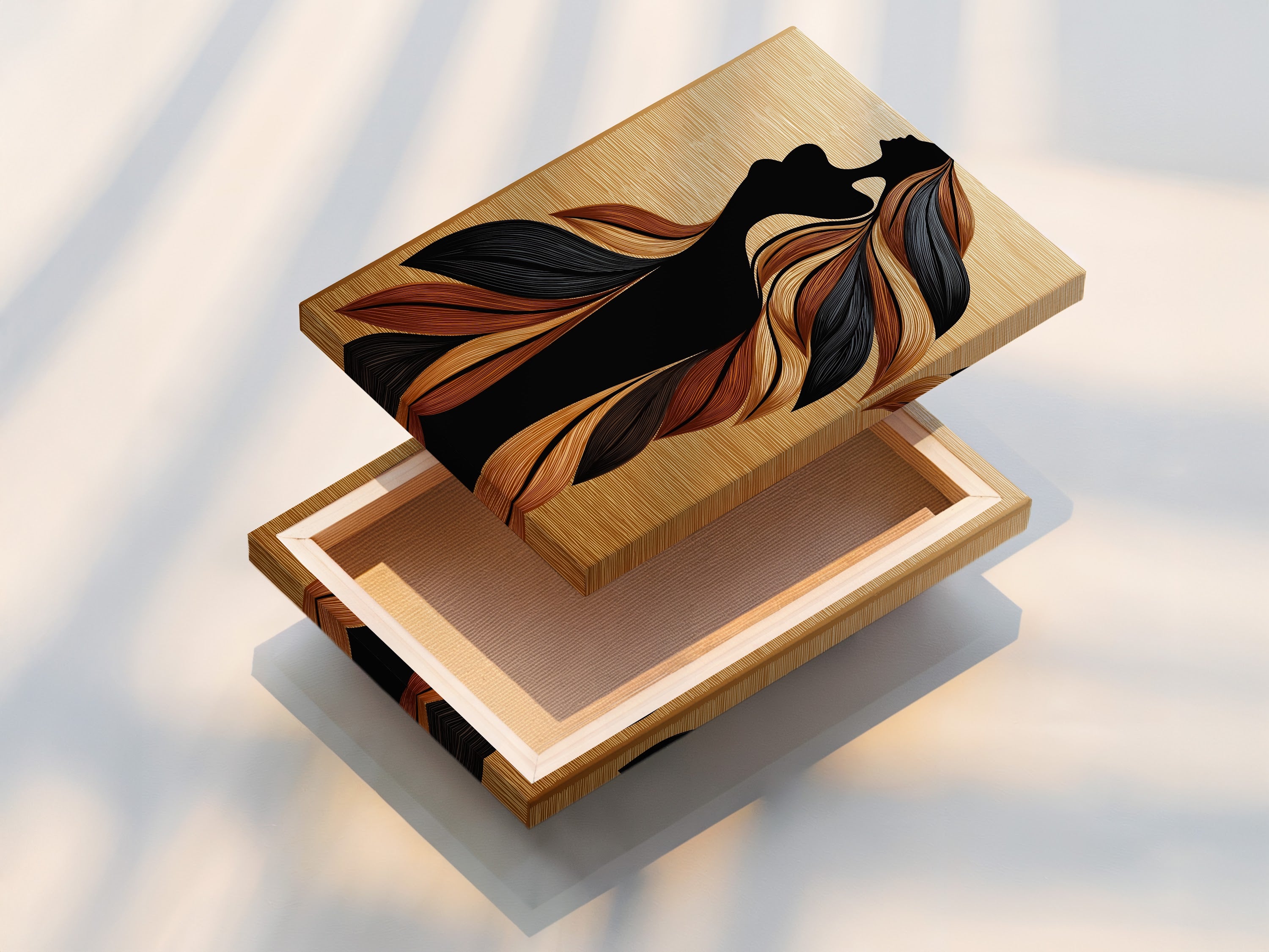 This is a stretched canvas print of the woman silhouette artwork. The flowing hair and bohemian figure art are beautifully displayed. The stretched canvas provides a gallery-worthy look. It's ready to hang and perfect for any room. This artwork is ideal for minimalist and contemporary settings.