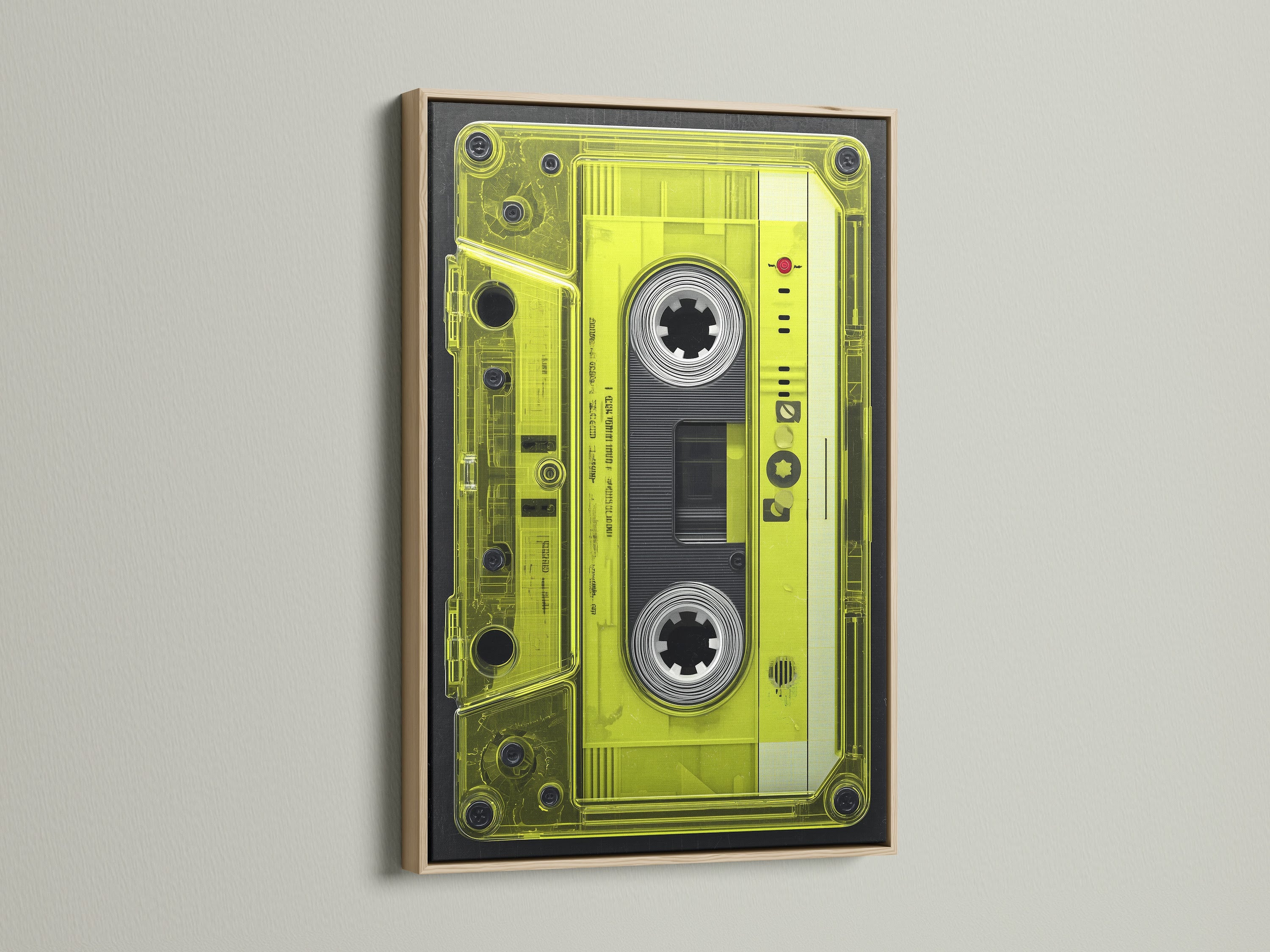 Vintage Cassette Tape artwork with an oak frame. The retro music art evokes 80s vibes. Neon green art adds flair to your space. This vintage music print is ideal for retro home decor. A perfect gift for music enthusiasts.