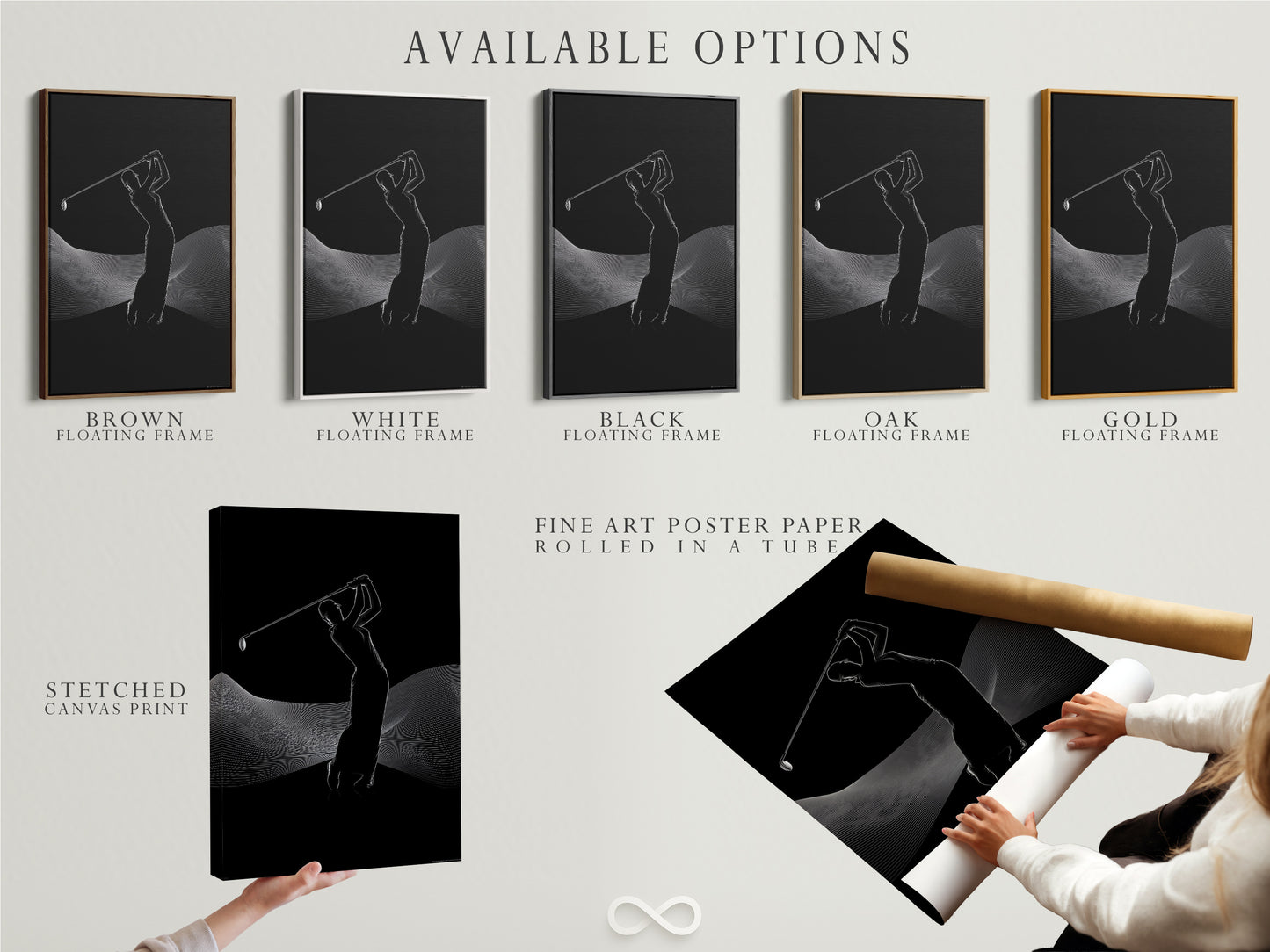 Explore available options for this golf artwork. Choose from a stretched canvas print or a fine art poster paper. Consider a floating frame for an added touch of elegance. Customize your sports poster to fit your style.