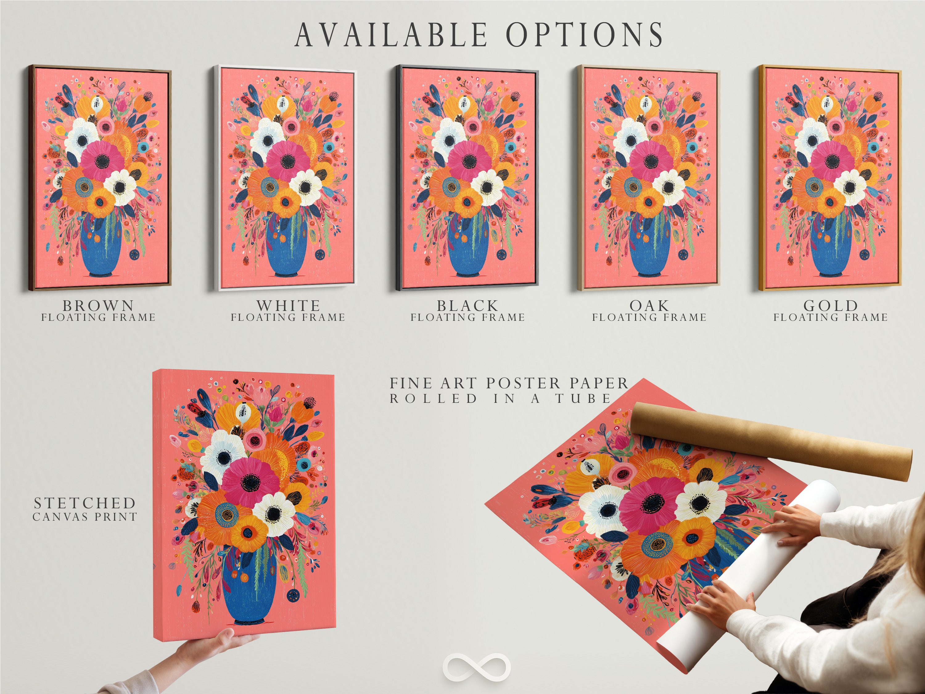 Colorful Floral Bouquet Art Print - Vibrant Flowers in Blue Vase Wall Art, Modern Botanical Poster, Pink Coral Home Decor