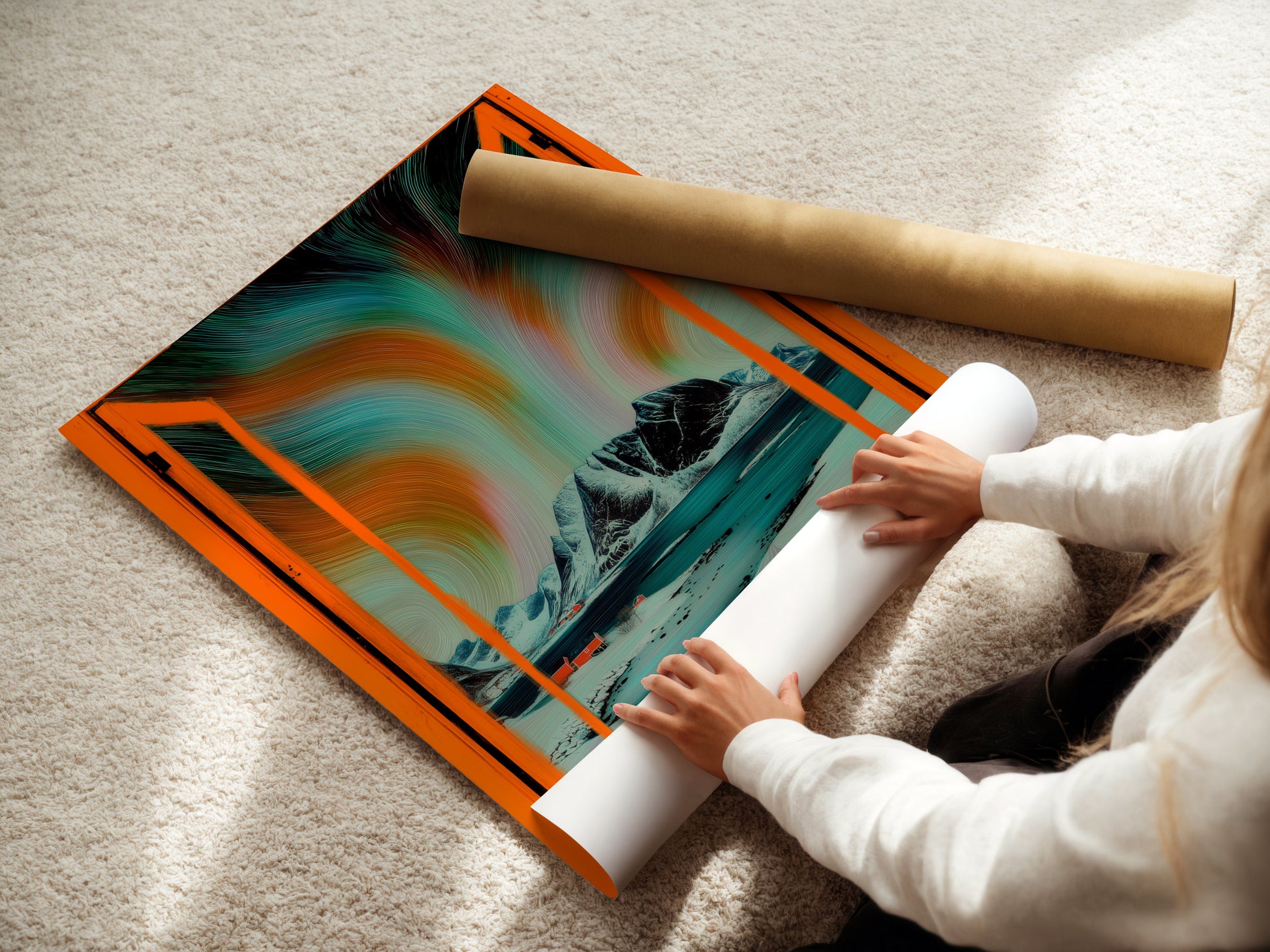 A woman rolls a fine art poster paper. She is preparing Aurora Borealis artwork. This Nordic landscape wall art will soon feature an open window view. Teal and orange colors make it a modern home decor piece.