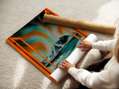 A woman rolls a fine art poster paper. She is preparing Aurora Borealis artwork. This Nordic landscape wall art will soon feature an open window view. Teal and orange colors make it a modern home decor piece.