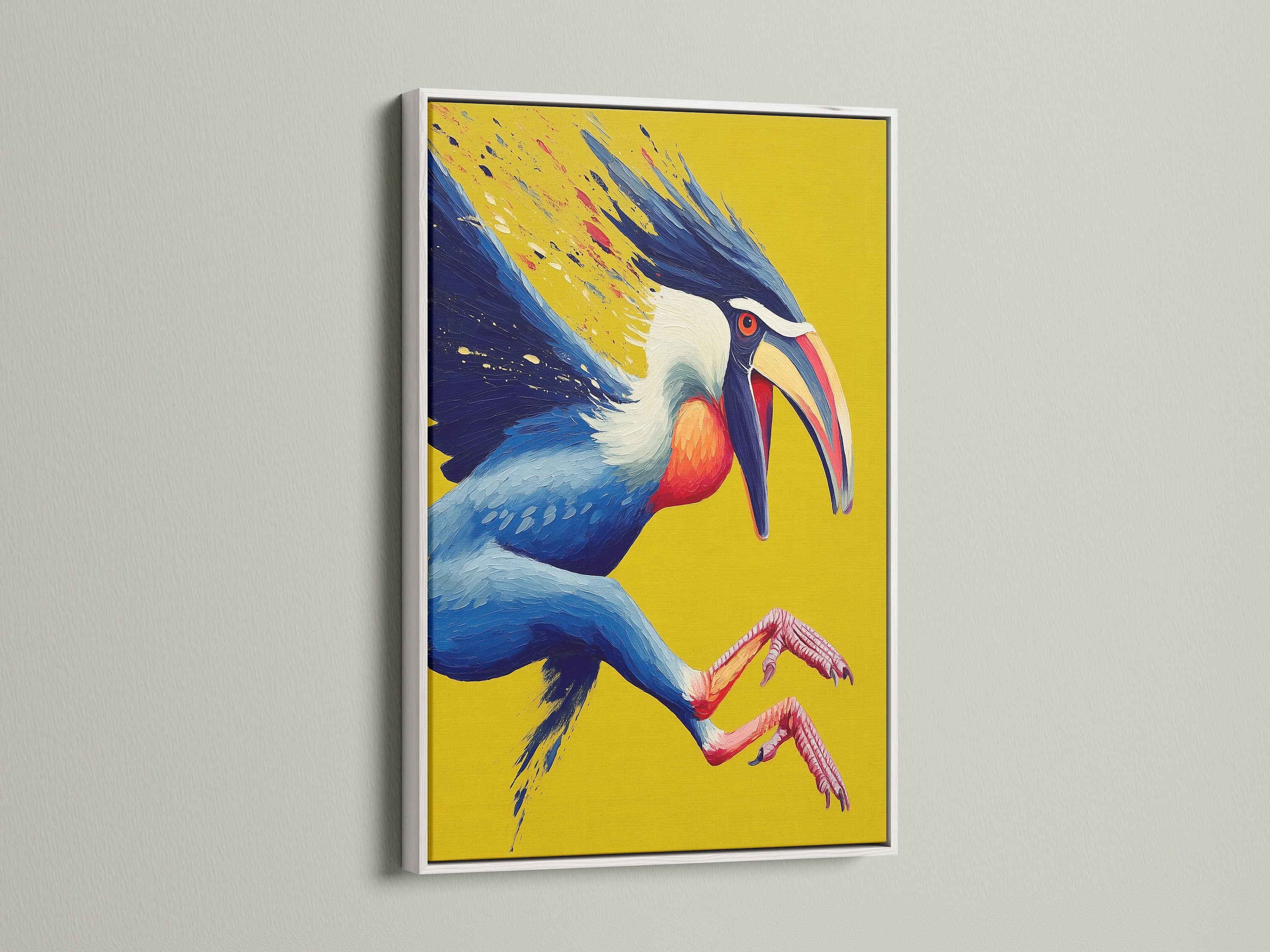 The exotic Hornbill artwork is presented in a clean white frame. This wildlife poster will brighten up any bedroom decor. A perfect piece for modern eclectic or tropical styles. Explore our range of birdwatcher art now.