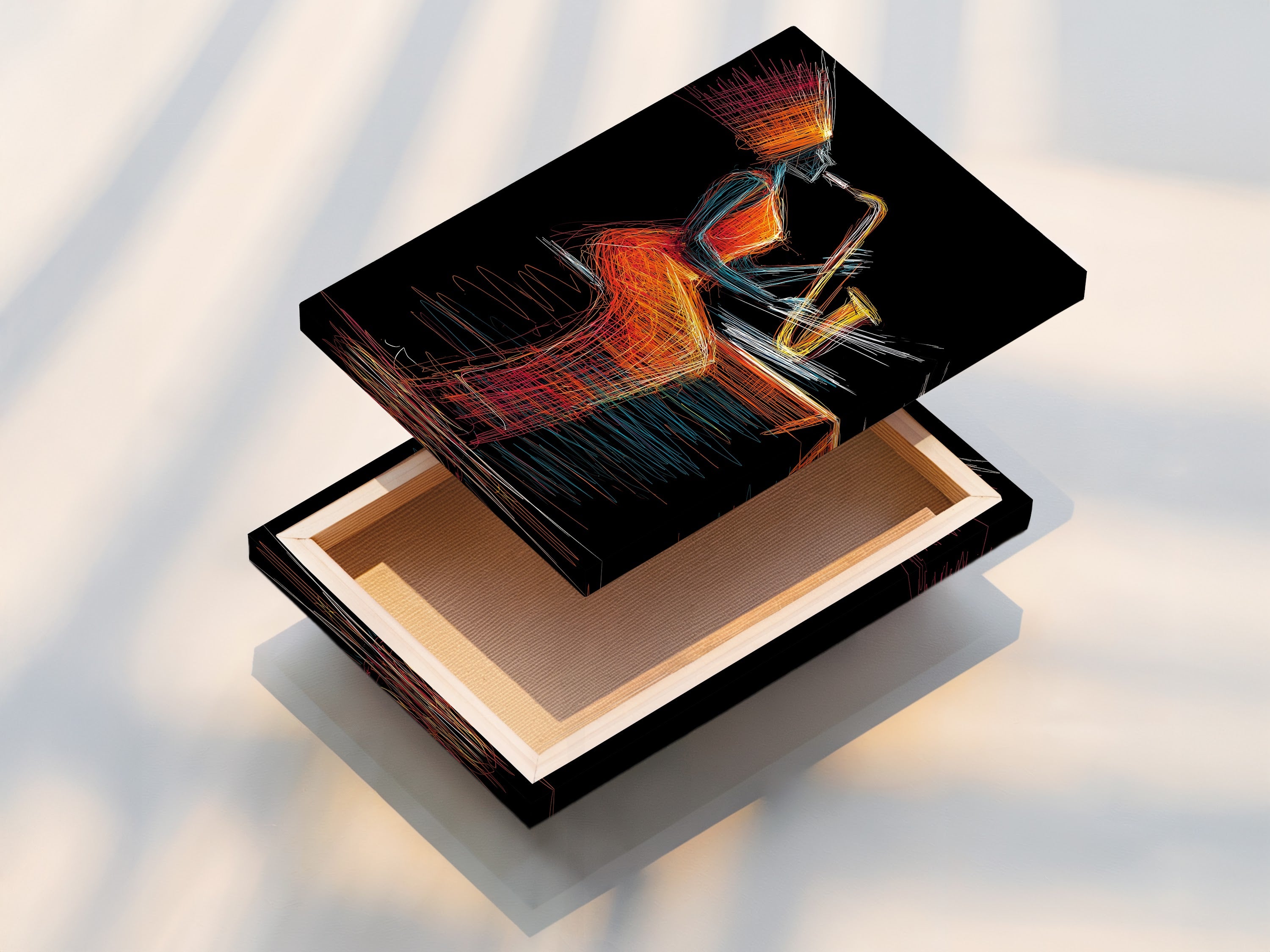 A stretched canvas print displays abstract music wall art. It features a jazz saxophone player. This contemporary artwork is perfect for modern music room decor. The vibrant colors and unique style enhance any space.