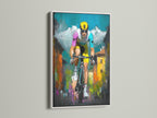Artwork of a cyclist in a white frame. The artwork features vibrant colors and dynamic brushstrokes. The white frame offers a clean and modern look. It allows the artwork to stand out. A stylish addition to any home or office decor.